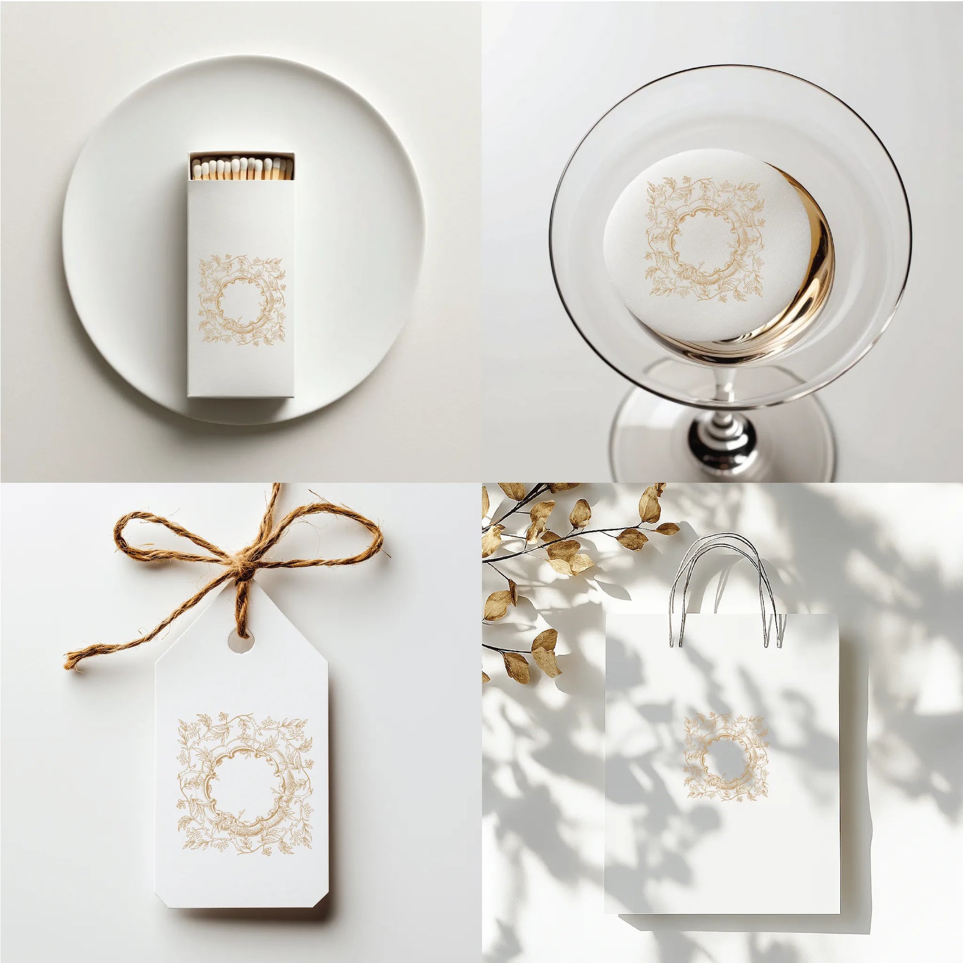 Square floral crest logo SVG on minimalist white matchbox for fine art wedding favors
