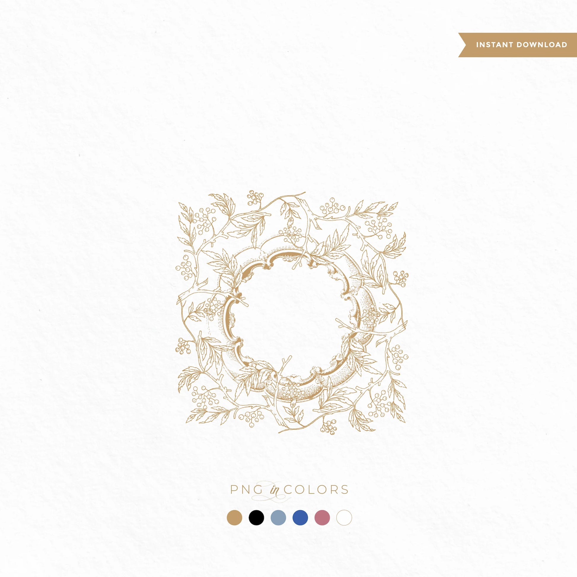 Hand-drawn square floral wedding crest logo SVG with vintage berries and botanical wreath in gold color on white background
