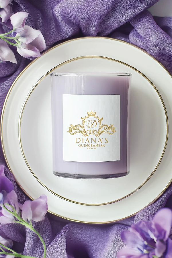 quinceañera logo design, candle jar mockup showing the logo applied to event favors
