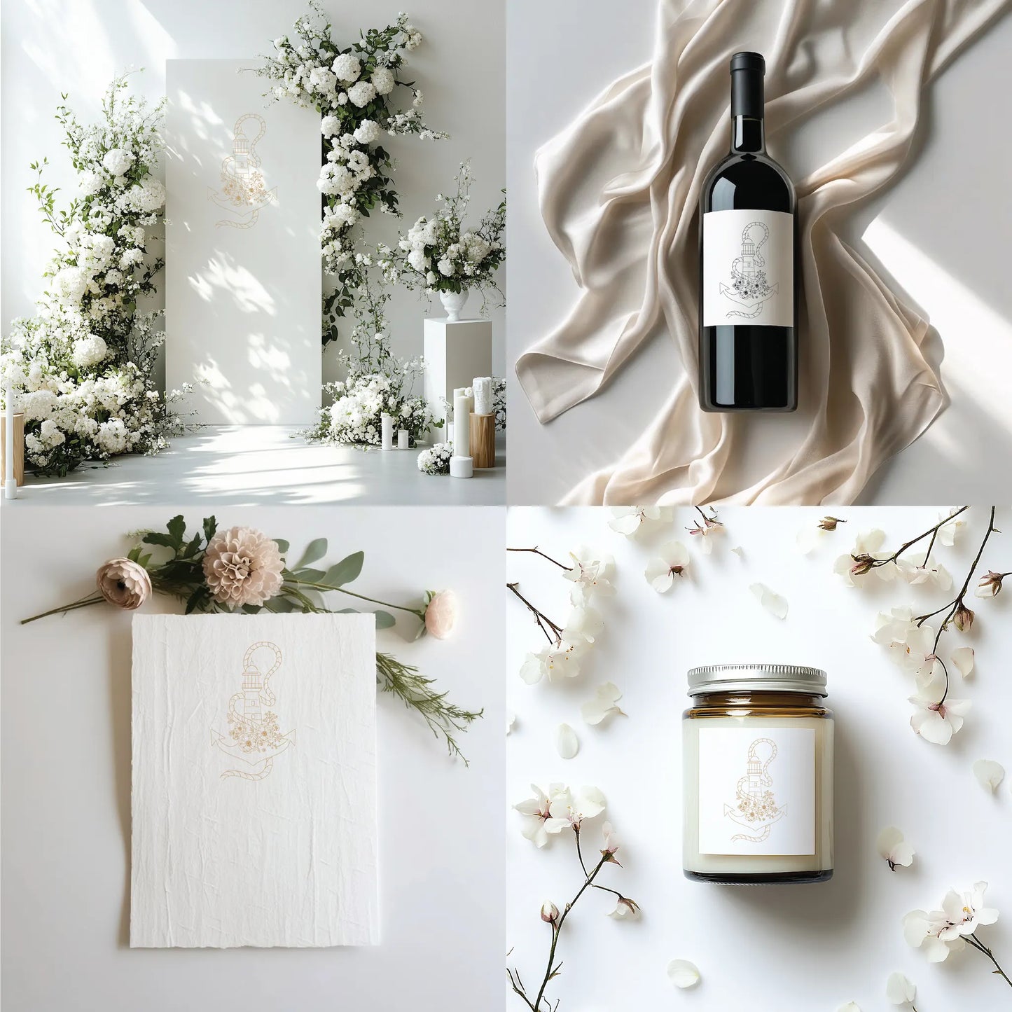 Minimalist anchor and lighthouse crest printed on wedding signage, wine label, handmade vow book, and candle sticker — nautical floral logo for beach weddings
