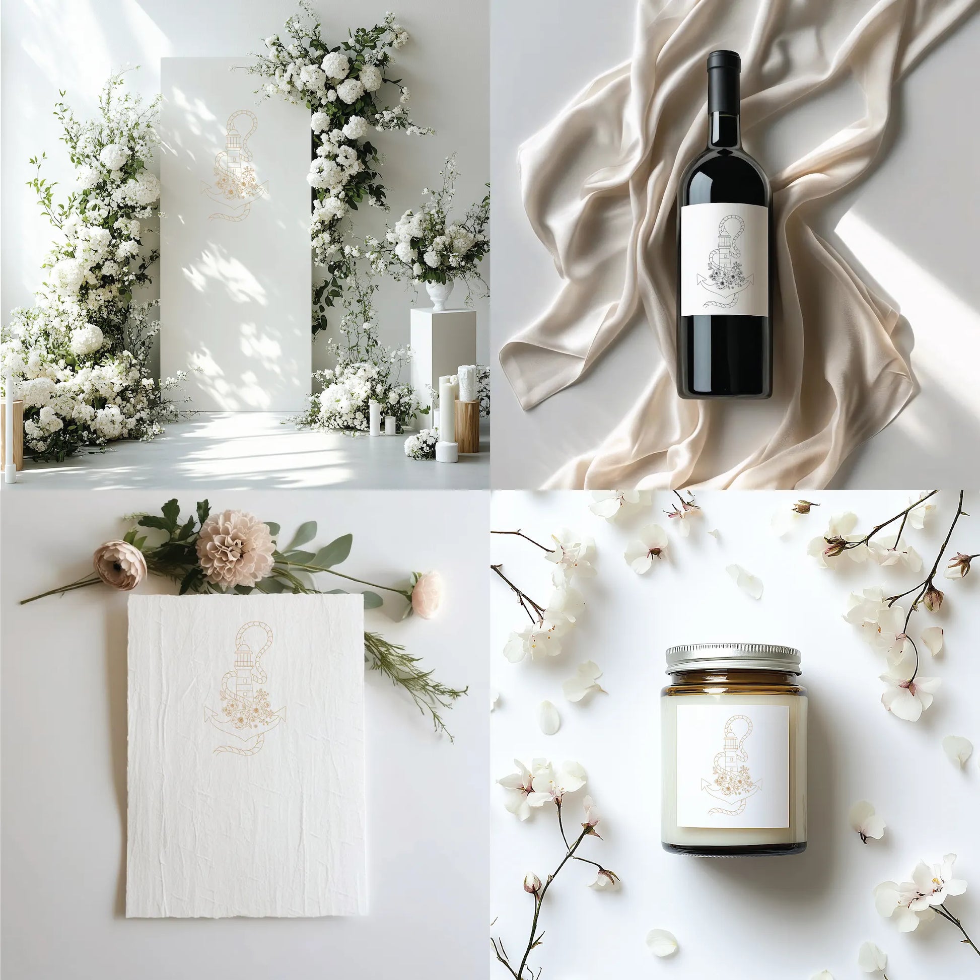 Minimalist anchor and lighthouse crest printed on wedding signage, wine label, handmade vow book, and candle sticker — nautical floral logo for beach weddings