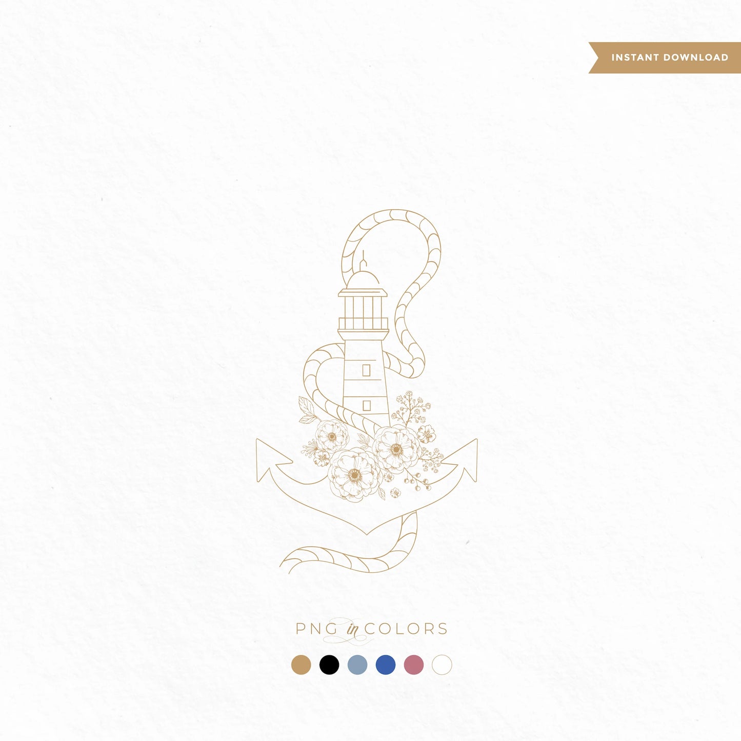 Editable lighthouse and anchor wedding logo SVG with floral accents and nautical rope — fine art digital download in six ocean-inspired colors