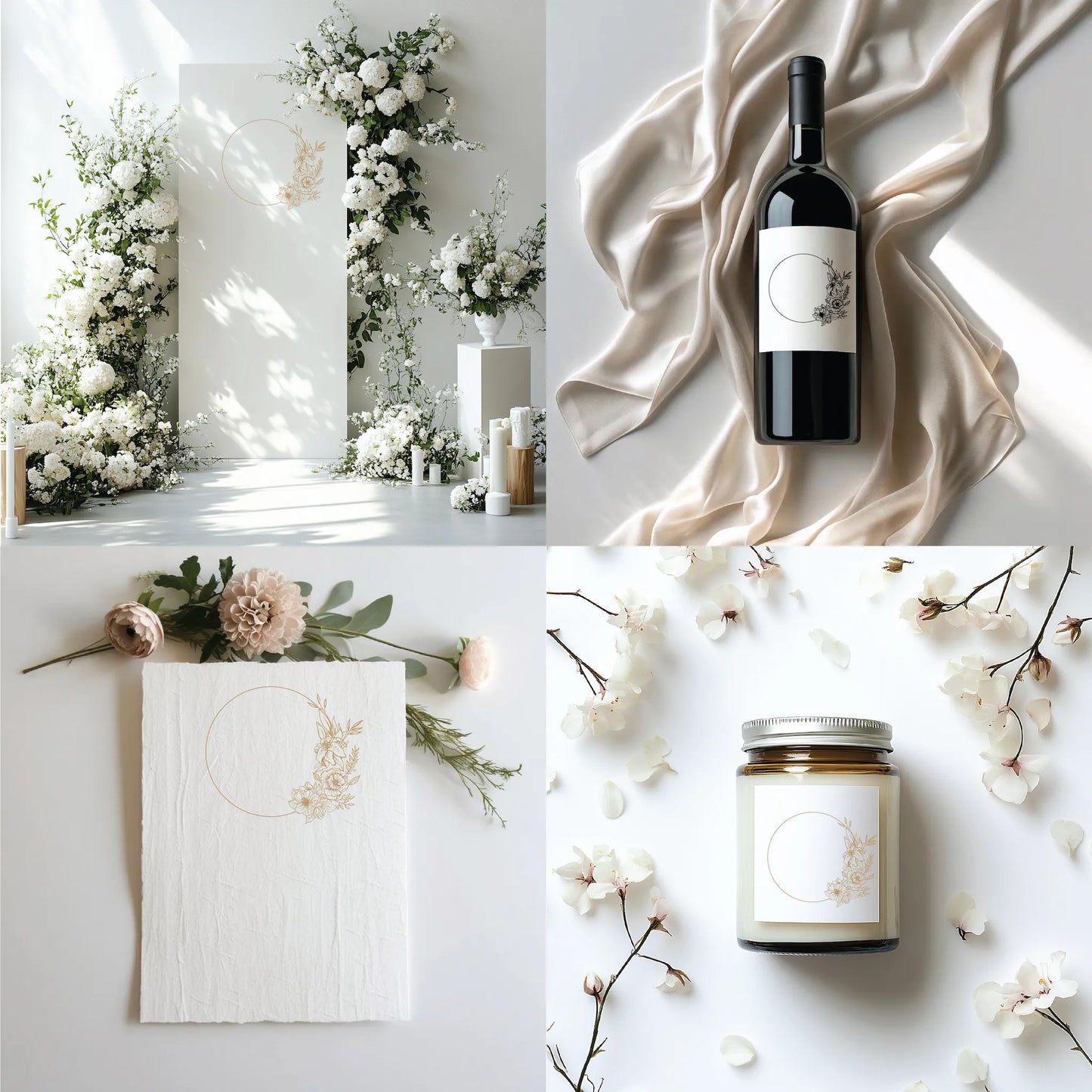 Minimalist floral circle monogram on wedding arch, wine label, candle jar, and handmade paper – elegant fine art logo design for weddings by LinvitInstant