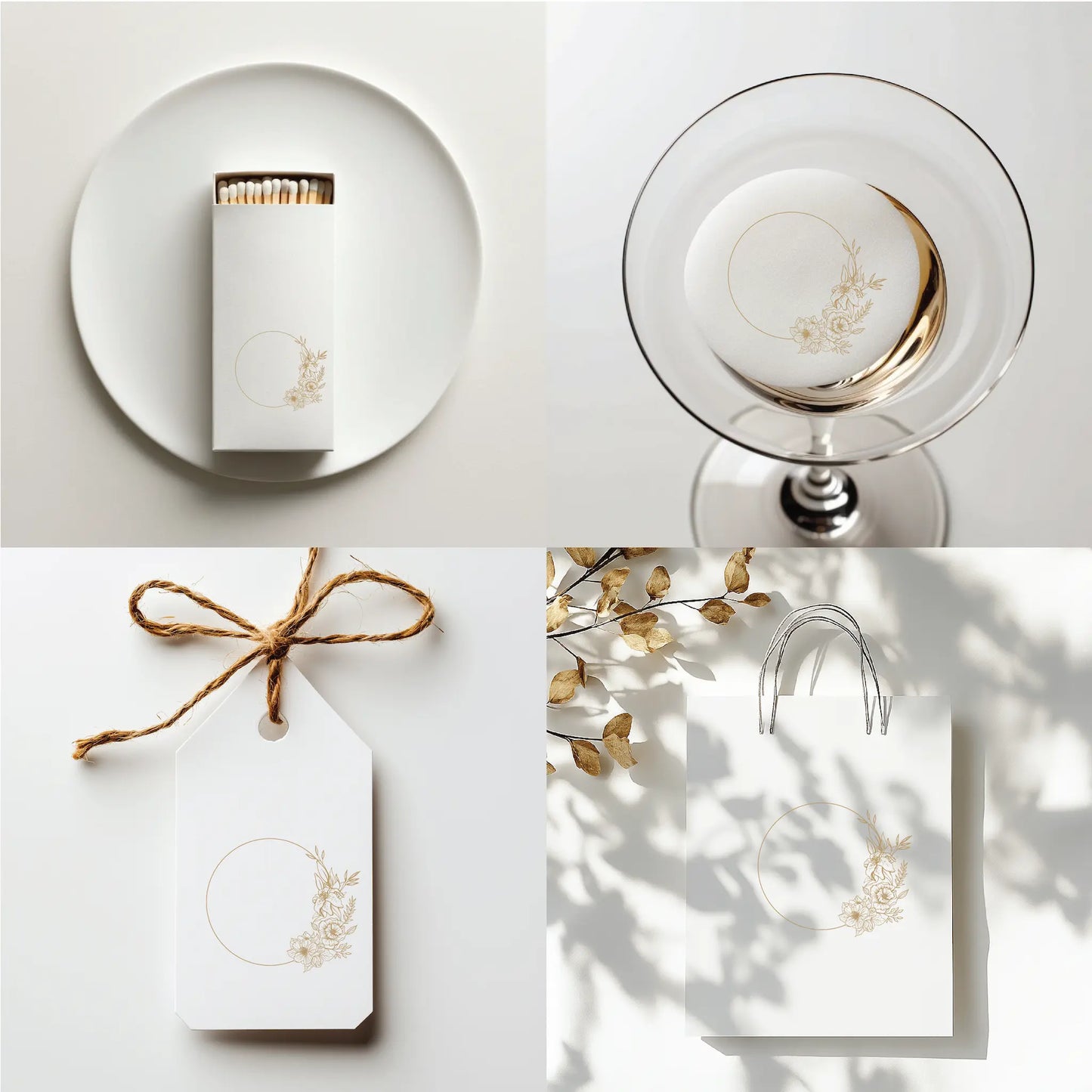 Floral fine line monogram on matchbox, cocktail topper, favor tag, and wedding gift bag – modern wedding logo mockup with botanical crest by LinvitInstant