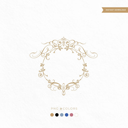 Delicate line art wedding crest with vintage scrolls and symmetrical gold flourish — SVG and PNG monogram logo in six elegant colors by LinvitInstant.