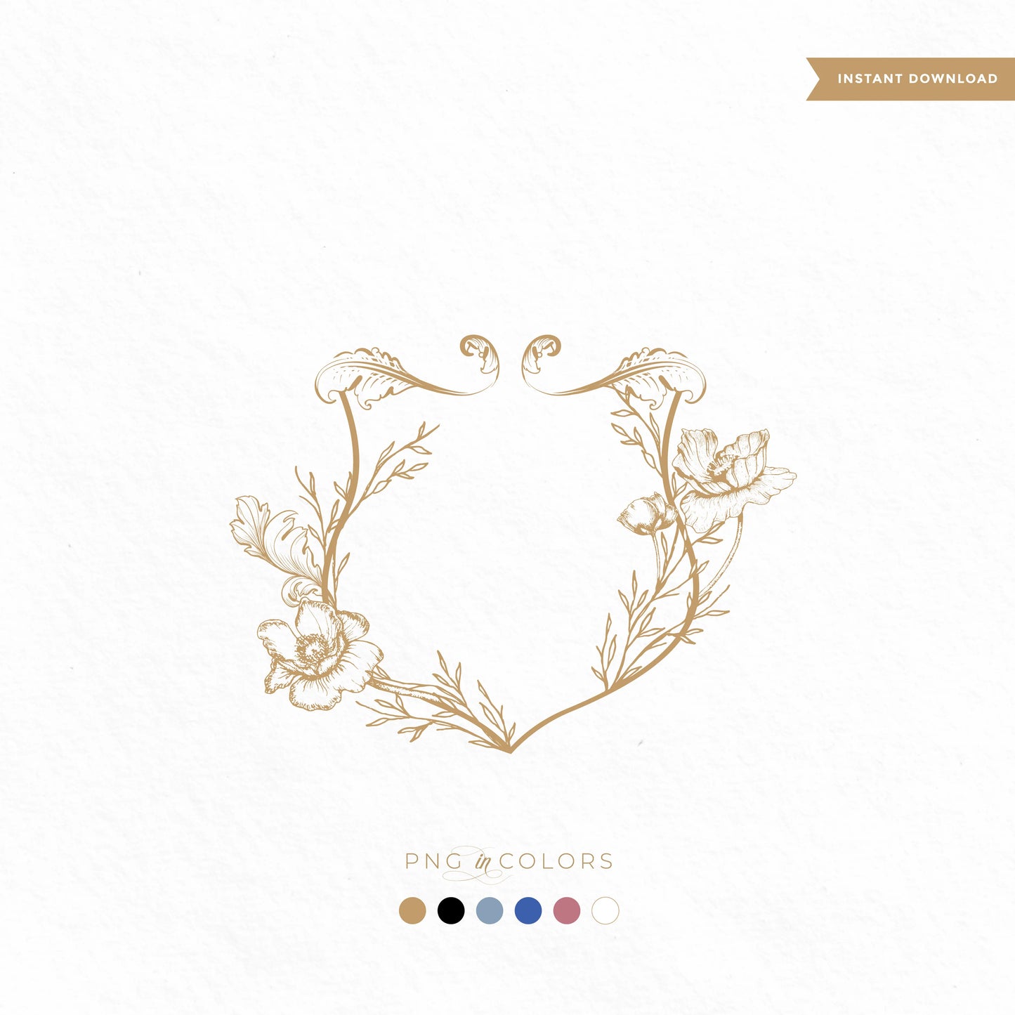 High-resolution vector of poppy flower wedding crest logo in gold, designed for editable SVG downloads, fine art invitations, and elegant monogram design.