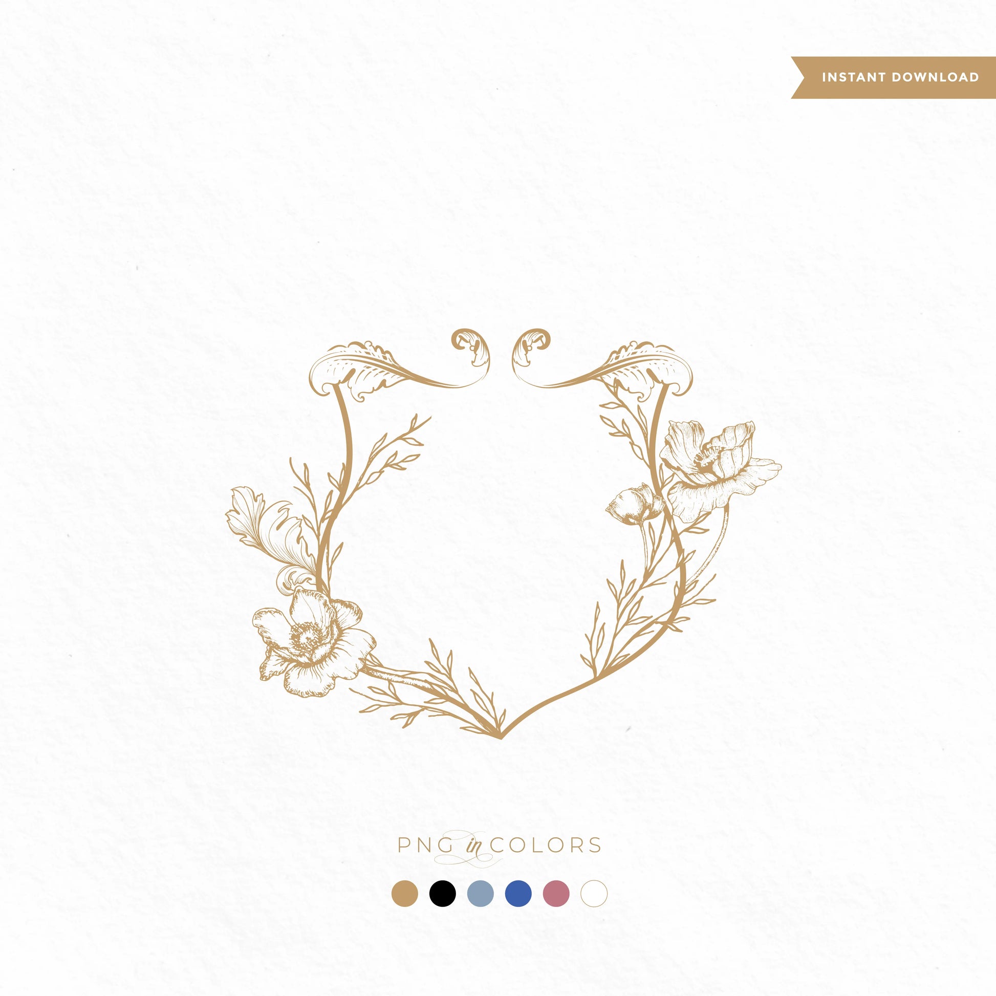 High-resolution vector of poppy flower wedding crest logo in gold, designed for editable SVG downloads, fine art invitations, and elegant monogram design.