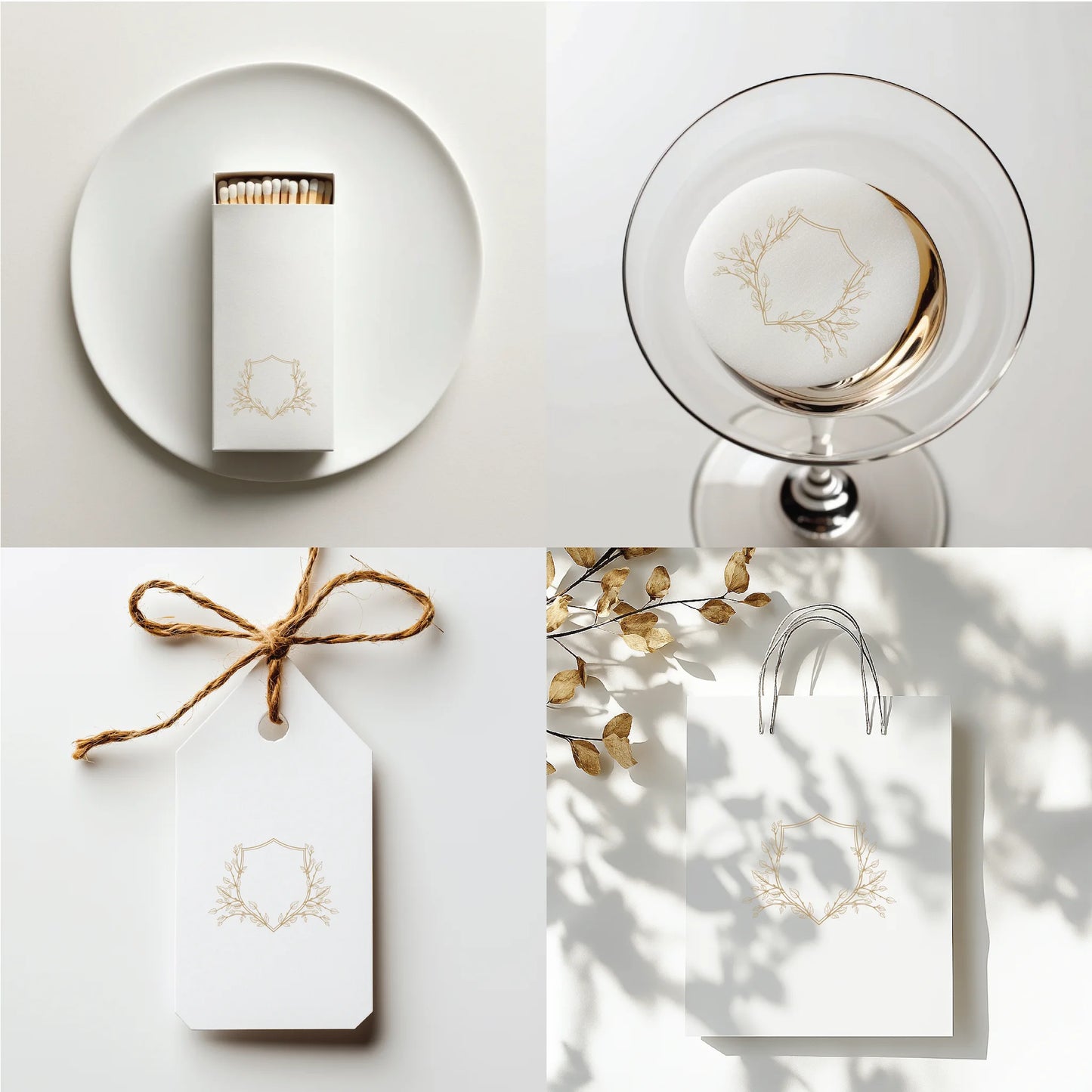 Minimal gold wedding crest SVG used on matchboxes, glassware, gift tags, and favor bags — chic editable monogram design for custom event stationery by LinvitInstant.