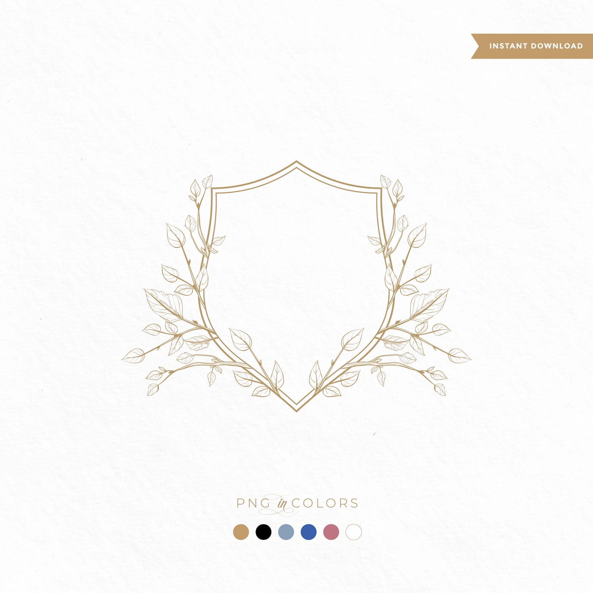 Editable leafy wedding monogram crest in gold with PNG color options — premium vector logo for invitations, embossing, and luxury branding by LinvitInstant.