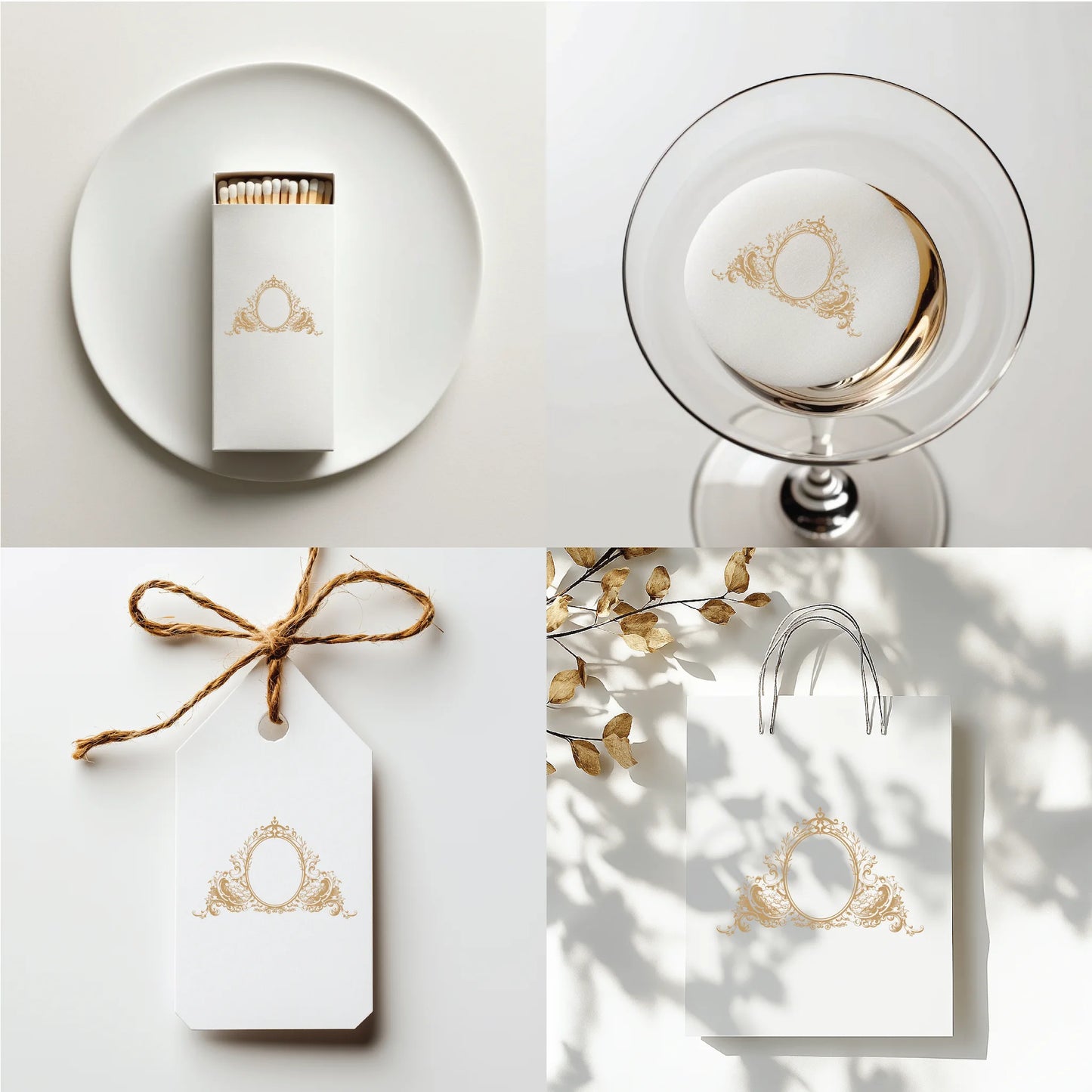 Ornate gold crest logo on matchbox, glass decor, gift tag, and shopping bag — romantic wedding monogram design for foiling, embossing, and favors by LinvitInstant.