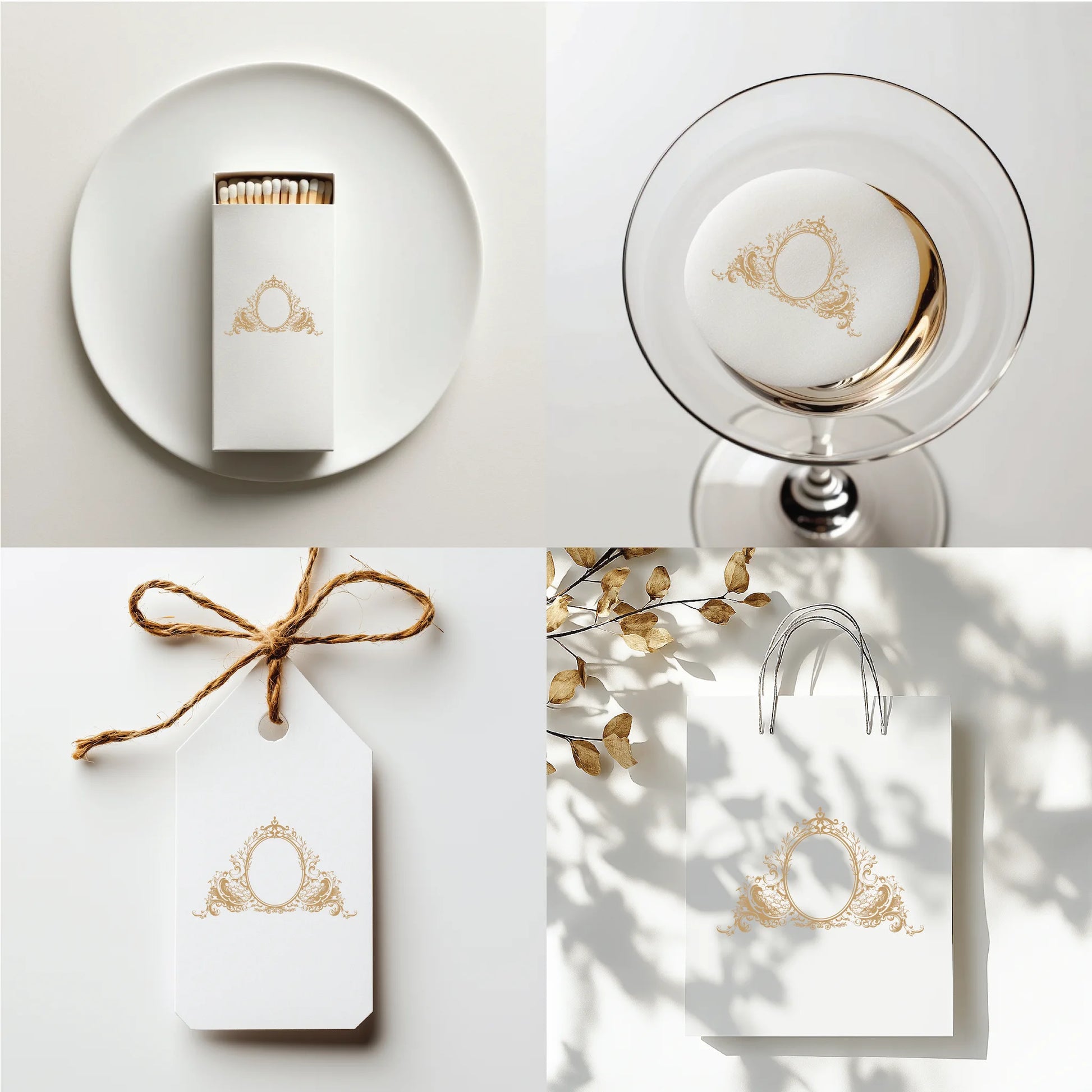 Ornate gold crest logo on matchbox, glass decor, gift tag, and shopping bag — romantic wedding monogram design for foiling, embossing, and favors by LinvitInstant.