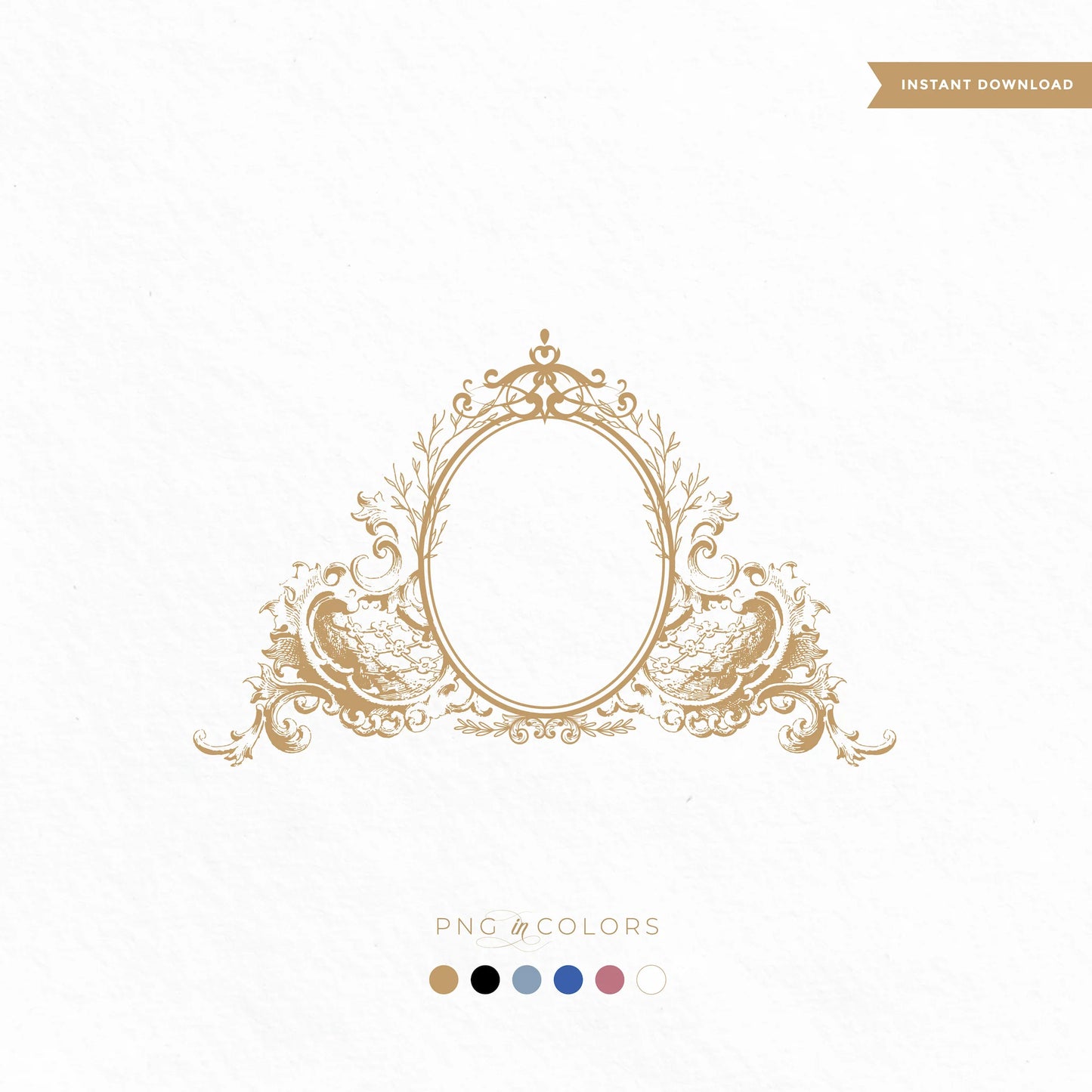 Editable gold PNG crest with baroque scrolls and floral motifs — vector monogram logo for wedding invitations, signage, and keepsakes by LinvitInstant, available in 6 color options.