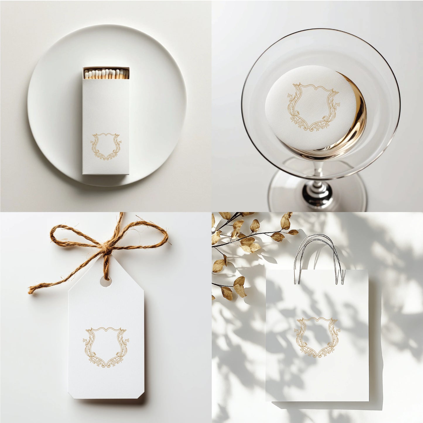 Minimalist wedding favor mockups featuring baroque floral crest on matchbox, cocktail napkin, gift tag, and shopping bag – chic fine art wedding logo by linvitinstant.