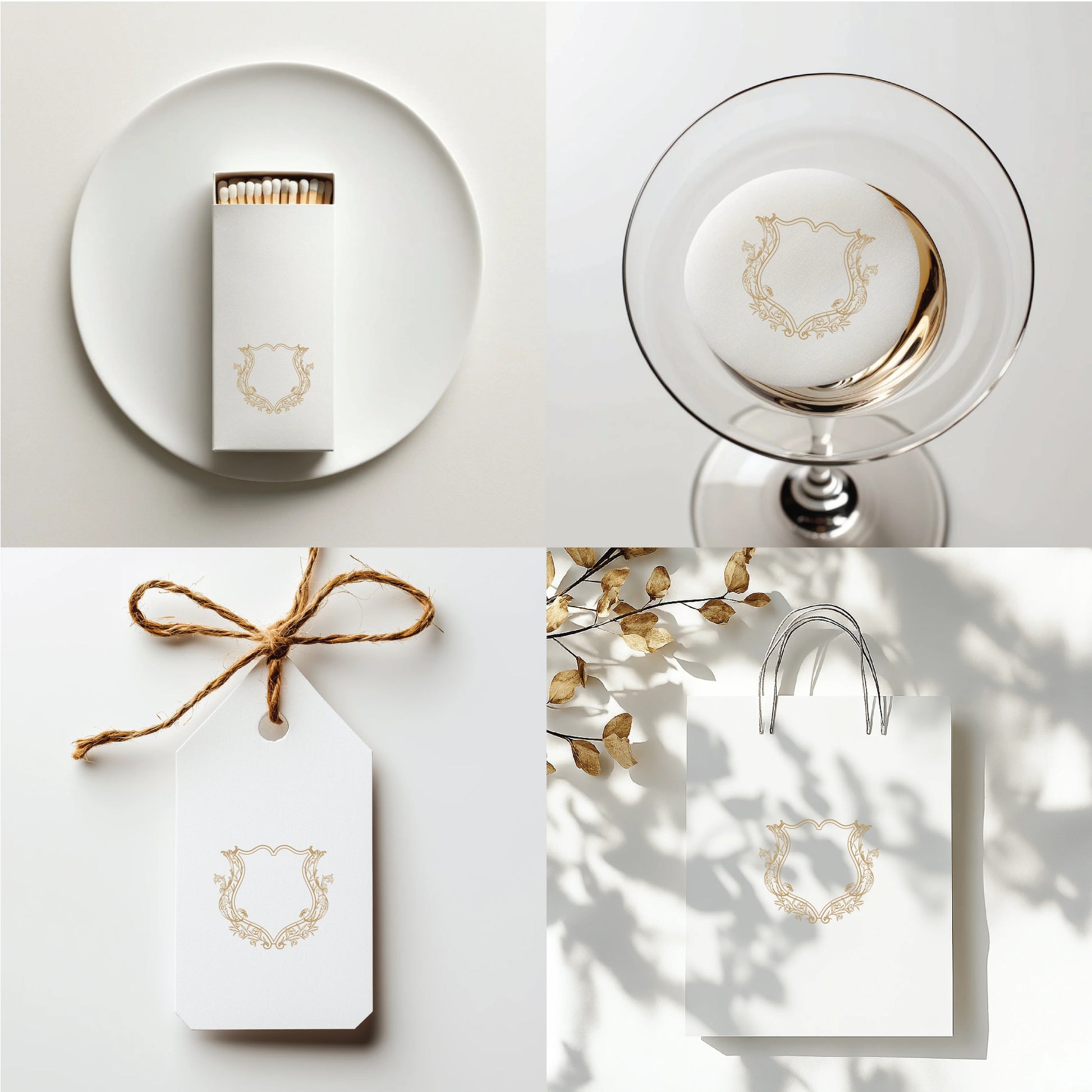 Minimalist wedding favor mockups featuring baroque floral crest on matchbox, cocktail napkin, gift tag, and shopping bag – chic fine art wedding logo by linvitinstant.