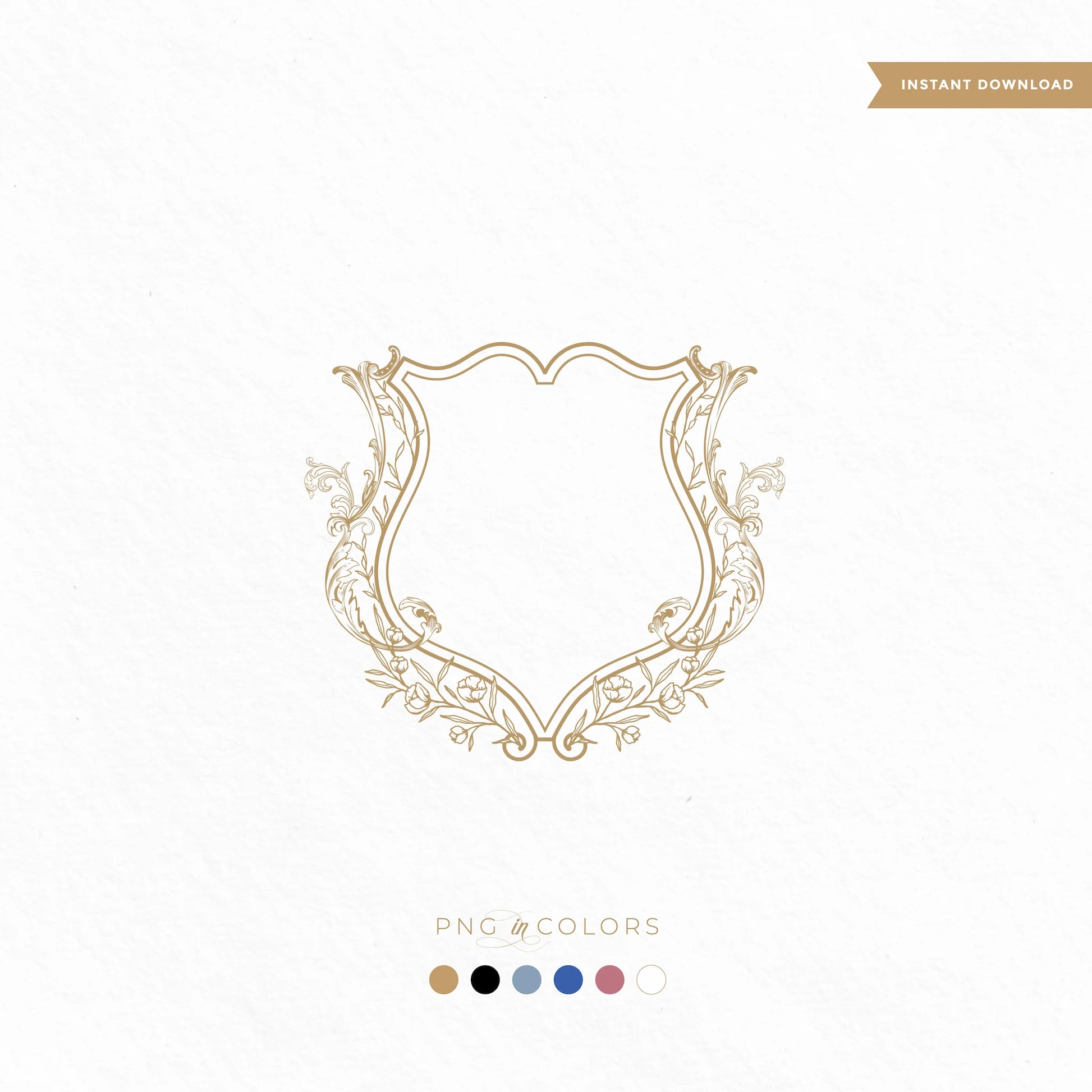 Delicate baroque shield wedding crest with fine art scrollwork and roses in gold – line art SVG PNG digital download in multiple colors by linvitinstant.

