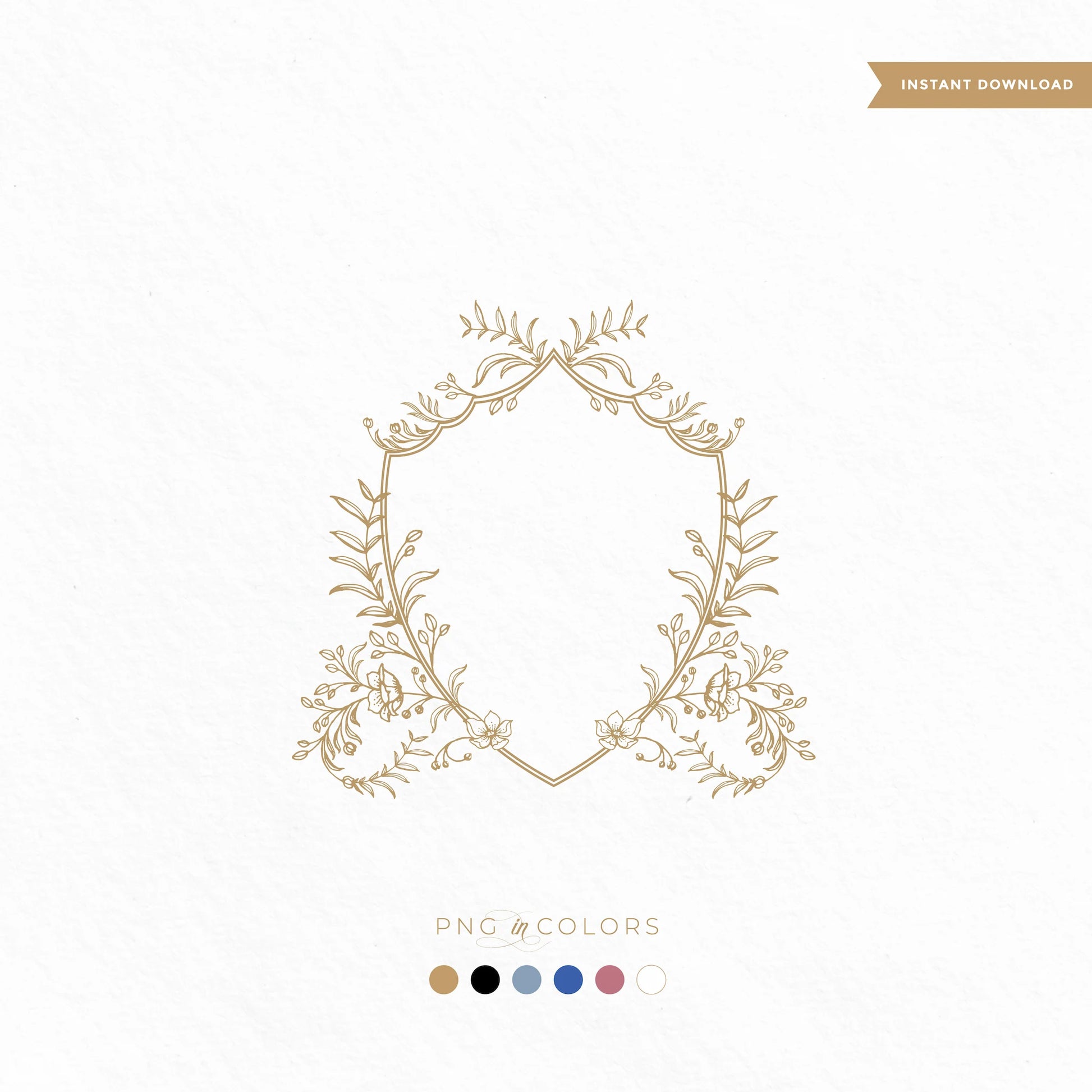 Editable floral crest SVG with fine-line botanical shield and minimal elegant flowers in 6 color PNGs – instant download