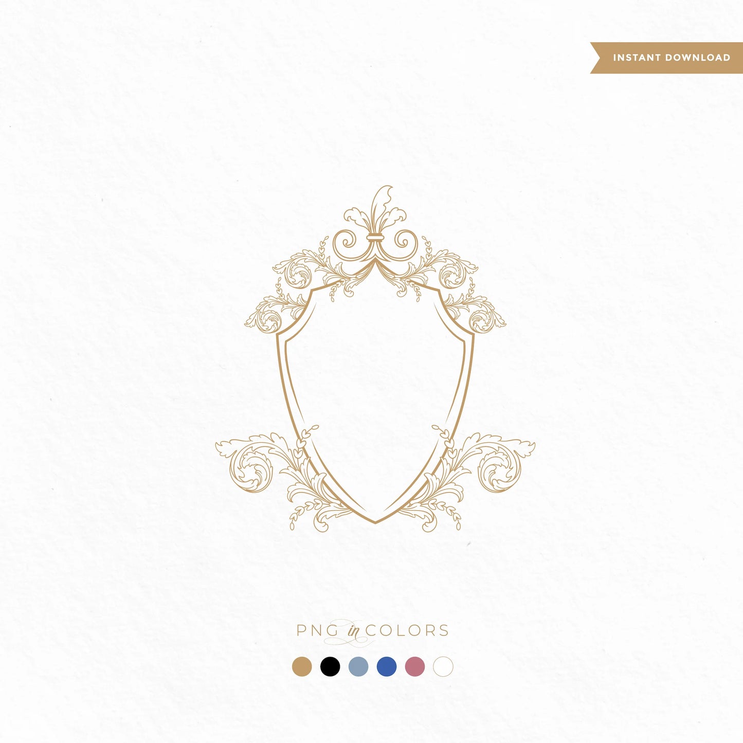 Minimalist shield crest with ornate scrollwork in gold – modern wedding logo template in PNG and SVG for invitations 