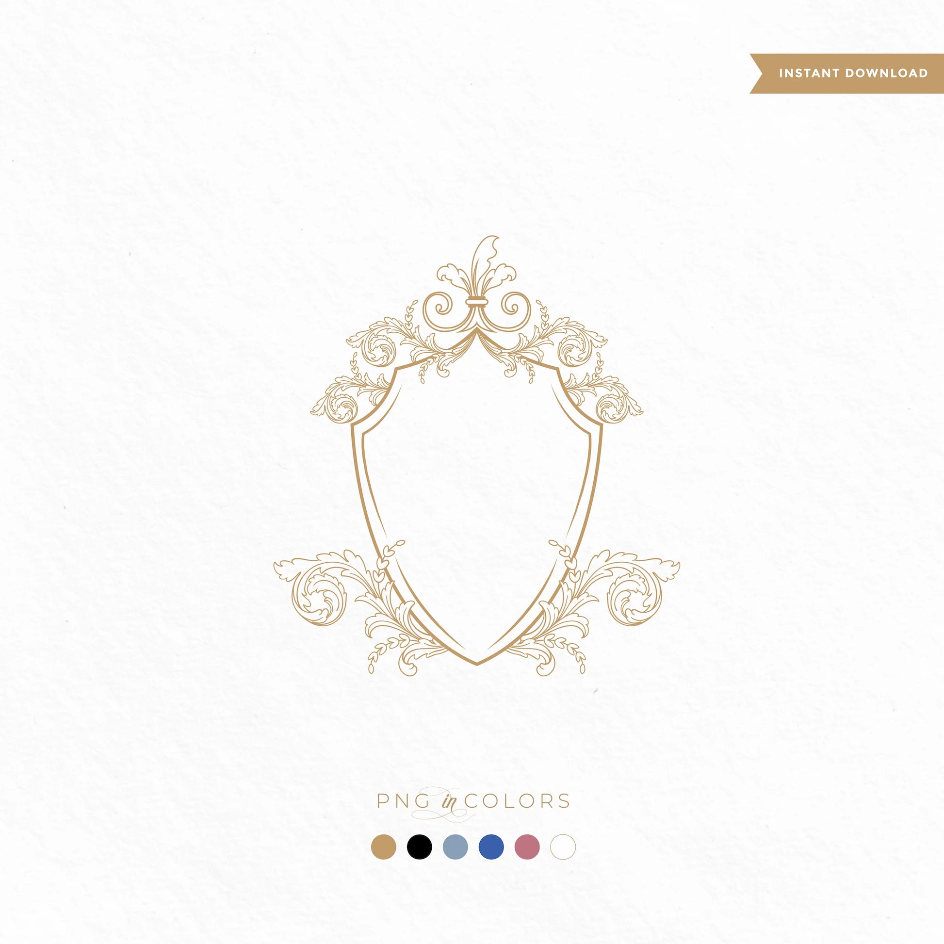 Minimalist shield crest with ornate scrollwork in gold – modern wedding logo template in PNG and SVG for invitations 