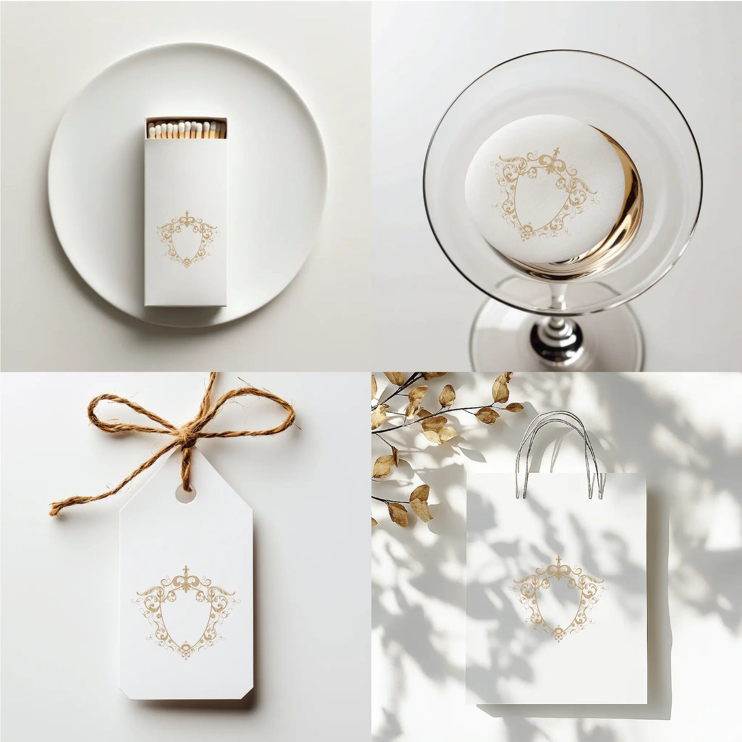 Luxury wedding product mockups with ornate gold crest on matchbox, wine glass, gift tag, and shopping bag for fine art stationery and favor branding – linvitinstant

