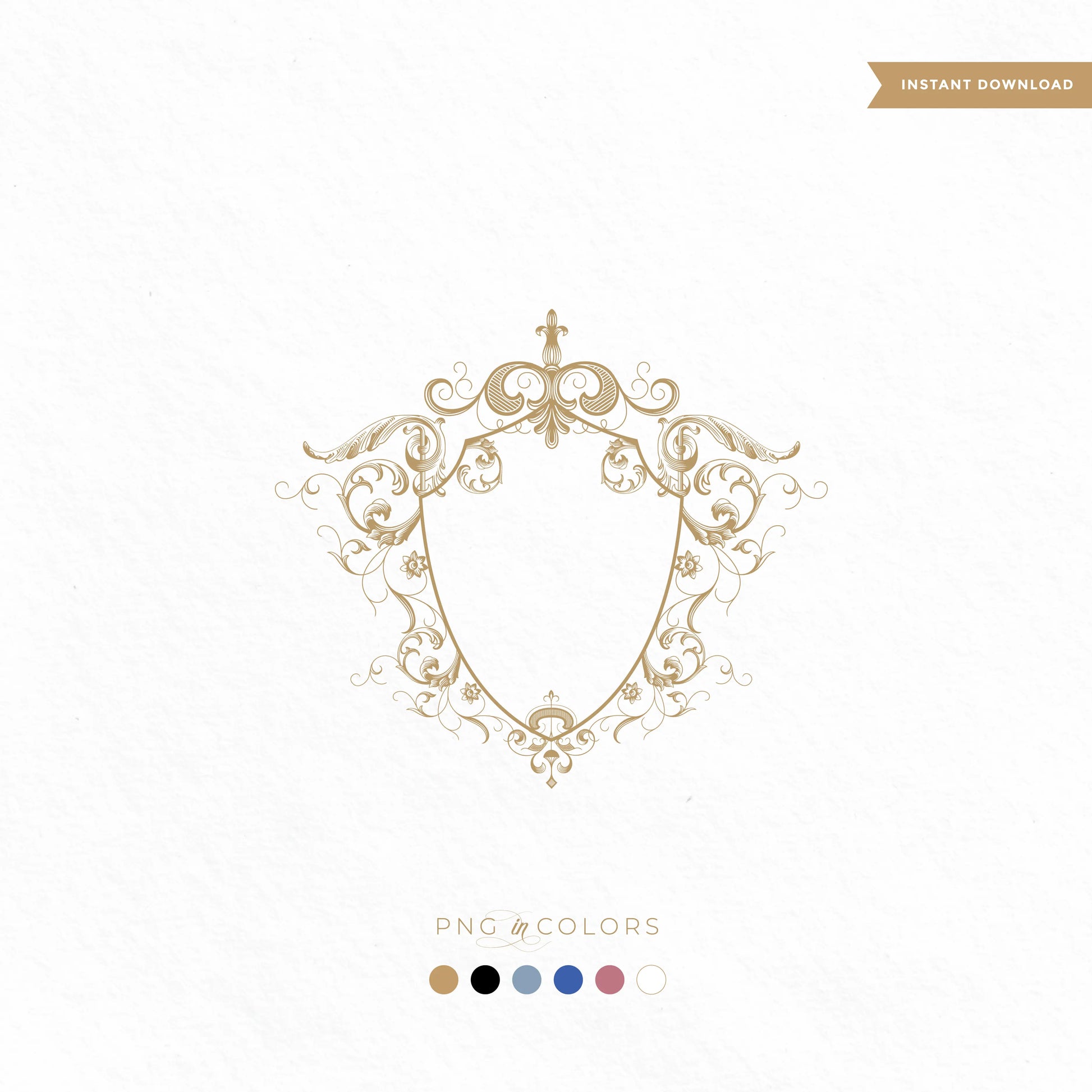Ornate baroque-style wedding crest monogram in gold with floral scrollwork, shown in 6 colors including black and dusty blue, for invitations and logos – linvitinstant