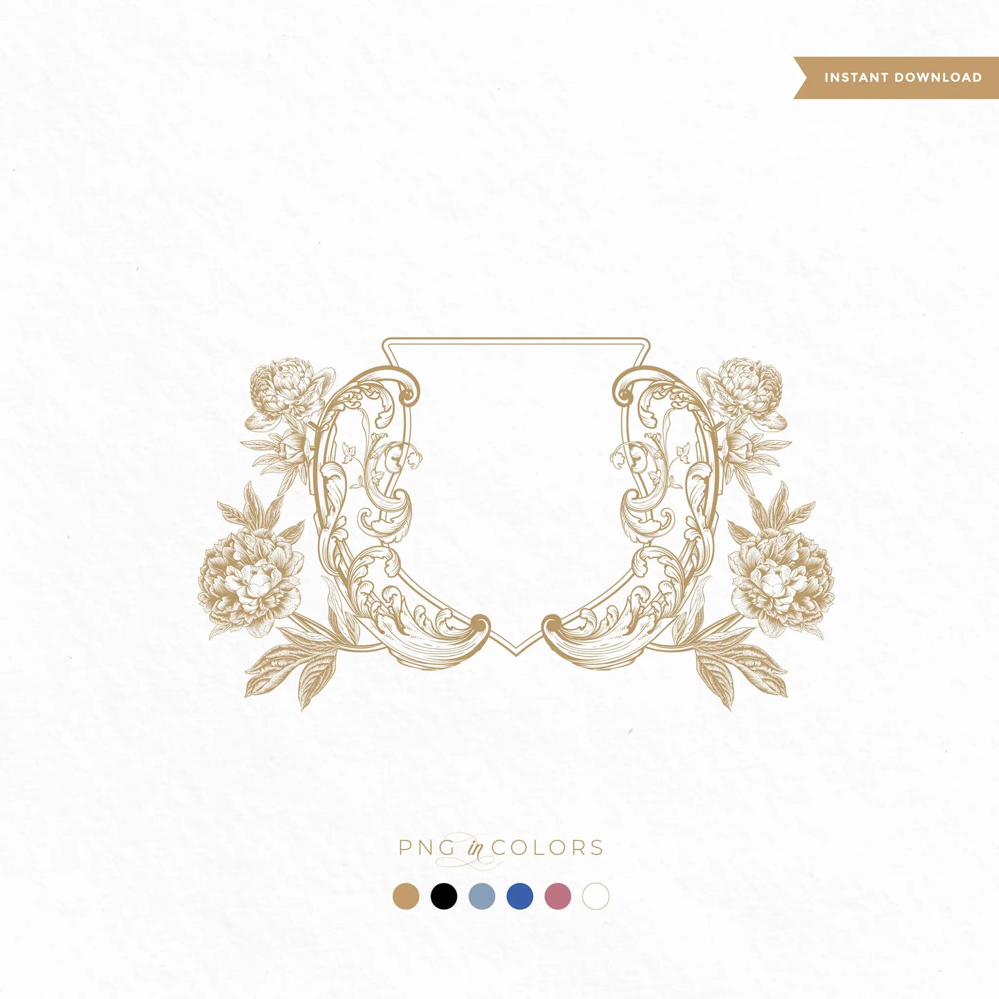 Editable fine art peony wedding crest SVG – gold monogram with vintage scrollwork and botanical details, modern chic logo for personal use, linvitinstant