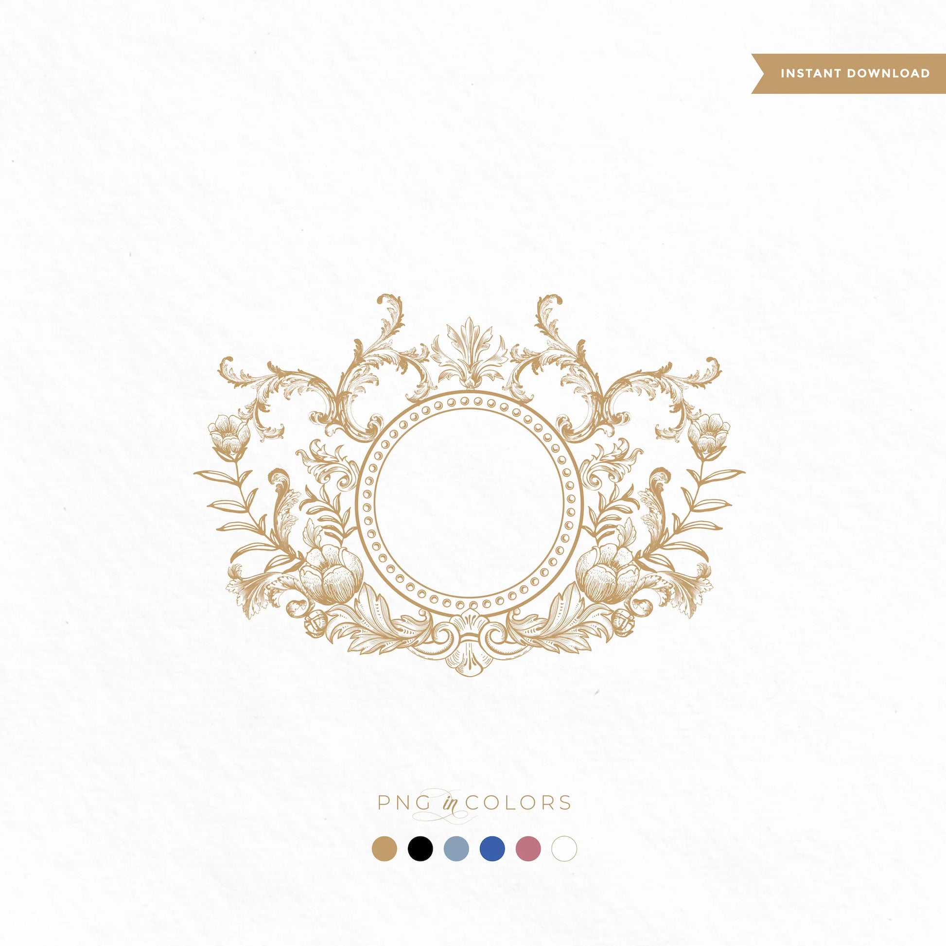 Scrollwork round wedding logo template by LinvitInstant – fine art gold floral monogram crest with PNG colors, ideal for deboss, foil, or digital wedding stationery.