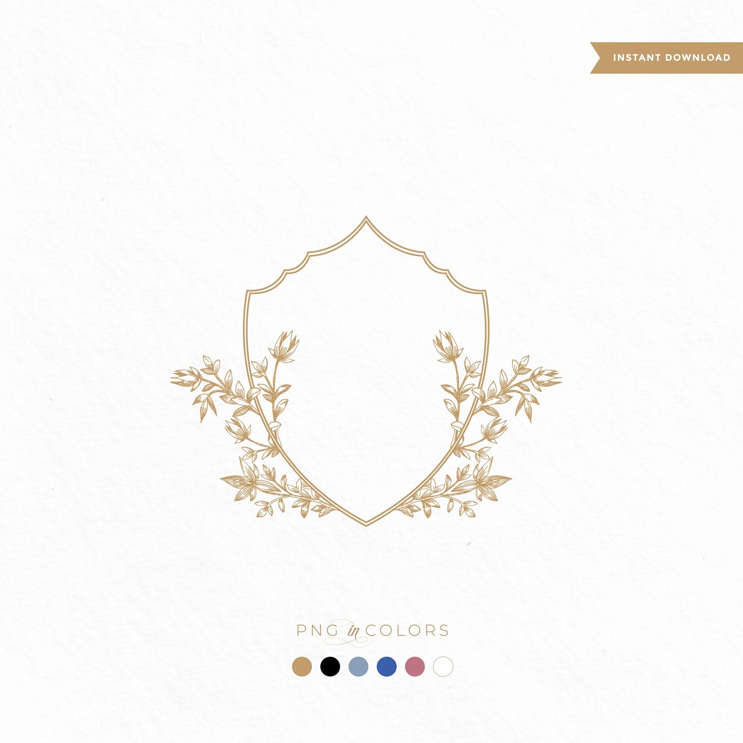 Minimalist leafy wedding shield crest in gold — instant download SVG PNG logo by LinvitInstant for Canva, Cricut, invitations, and embossed designs
