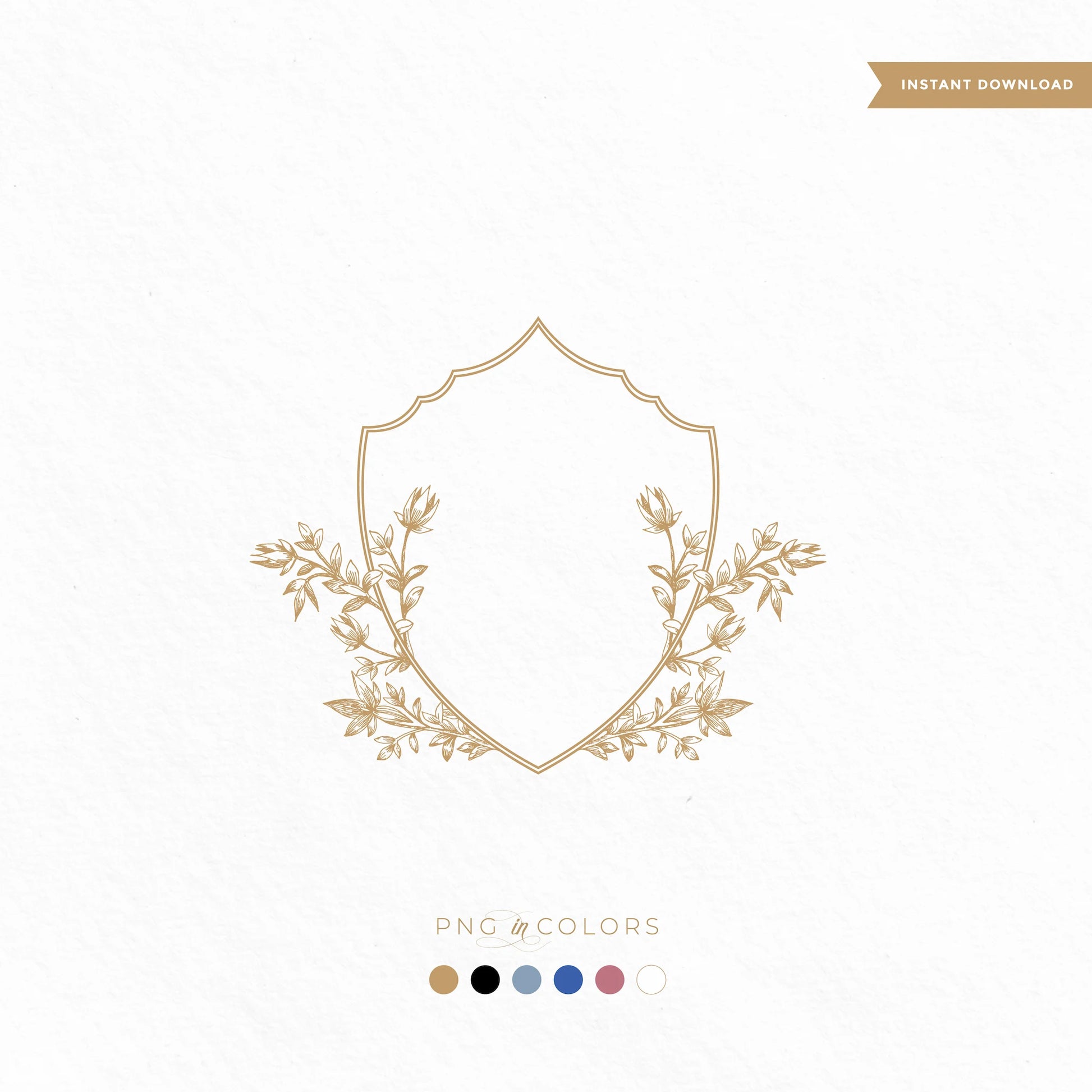 Minimalist leafy wedding shield crest in gold — instant download SVG PNG logo by LinvitInstant for Canva, Cricut, invitations, and embossed designs
