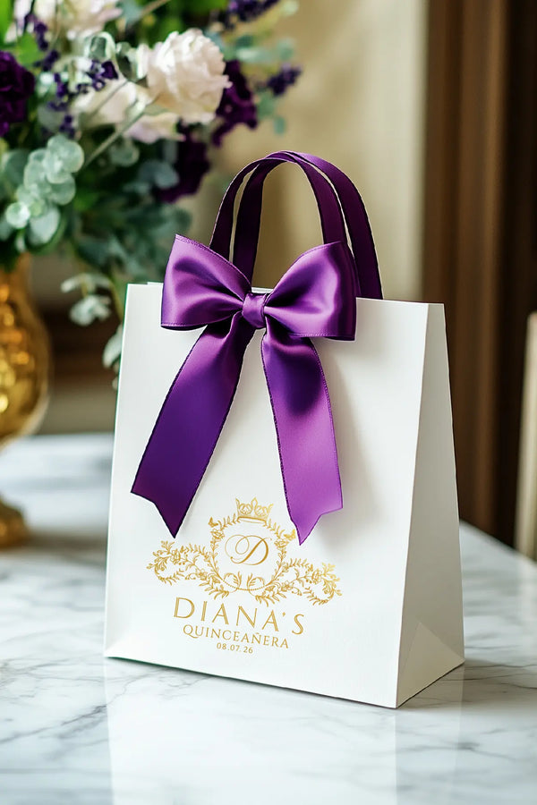 quinceañera logo design, gift bag mockup demonstrating how the logo appears on quinceañera party favors