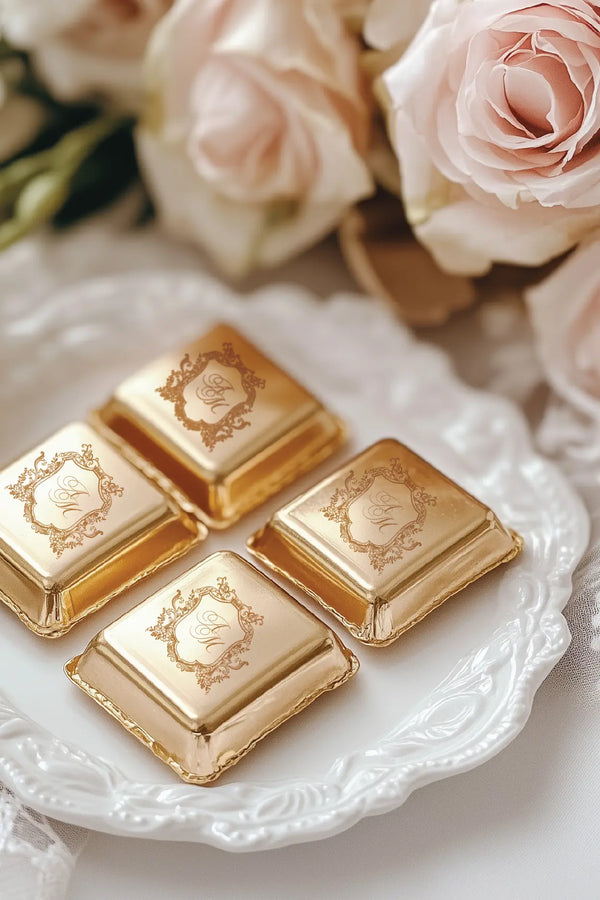 wedding monogram design, chocolate mockup demonstrating how the monogram appears on edible wedding favors