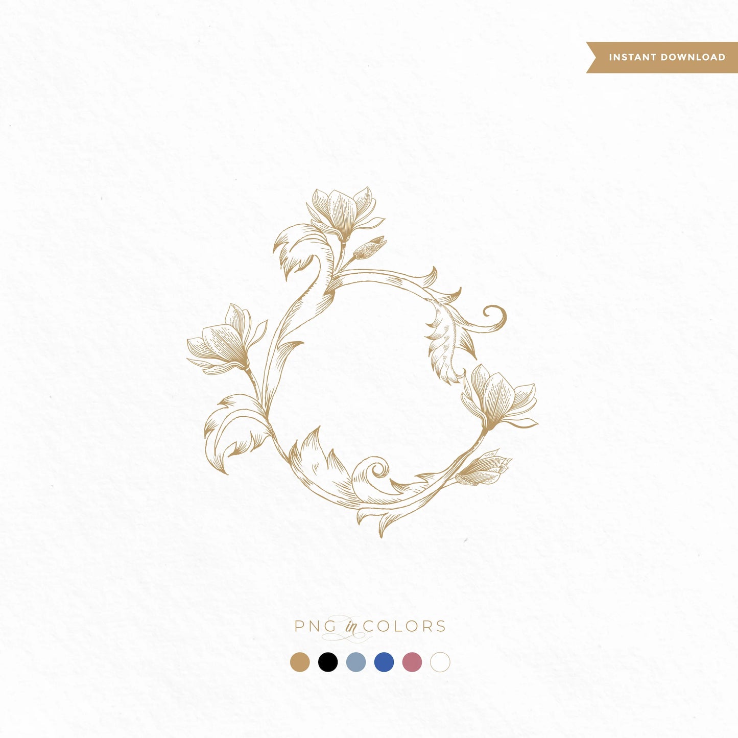 Magnolia flower wreath crest with engraved botanical line art in gold — monogram SVG with 6 PNG color options for invitations, foil printing, and keepsakes