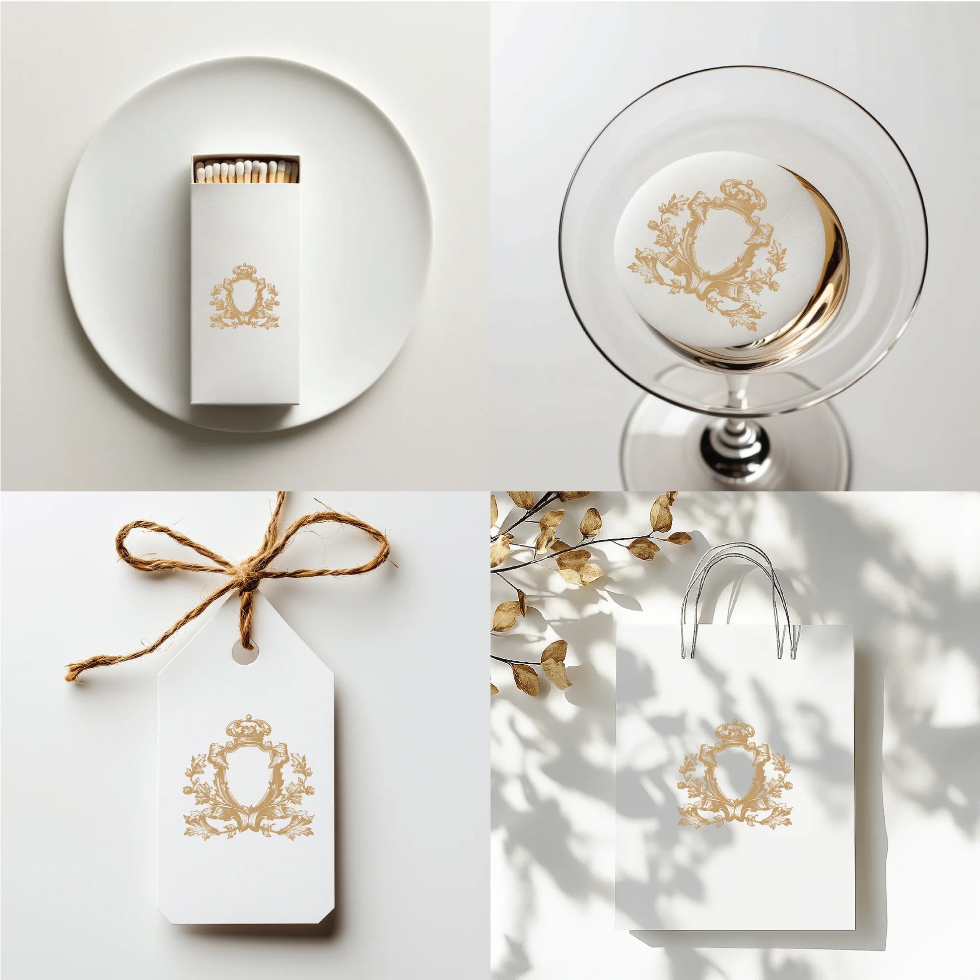 Mid-century style wedding crest used on matchbox, drink coaster, gift tag, and wedding bag – baroque shield monogram for personalized wedding branding