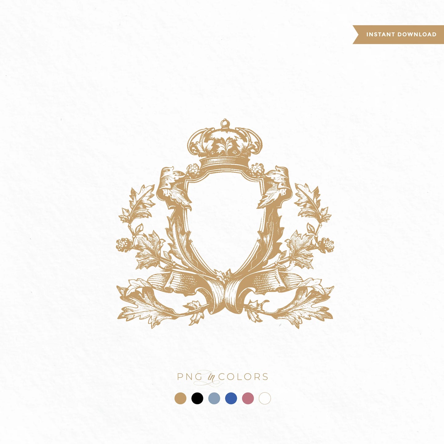 Editable vintage wedding crest SVG with royal crown and ornate baroque leaf scrolls in gold – includes PNG color variations for fine art invitations and signage