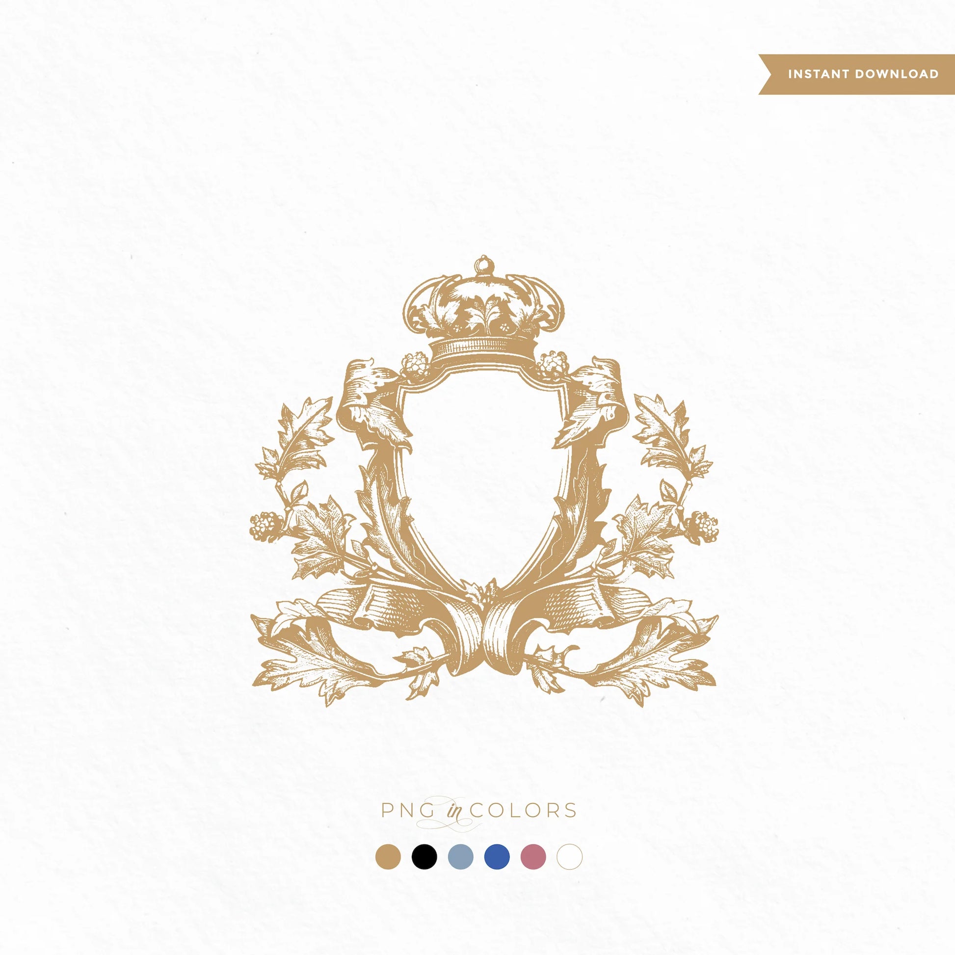 Editable vintage wedding crest SVG with royal crown and ornate baroque leaf scrolls in gold – includes PNG color variations for fine art invitations and signage