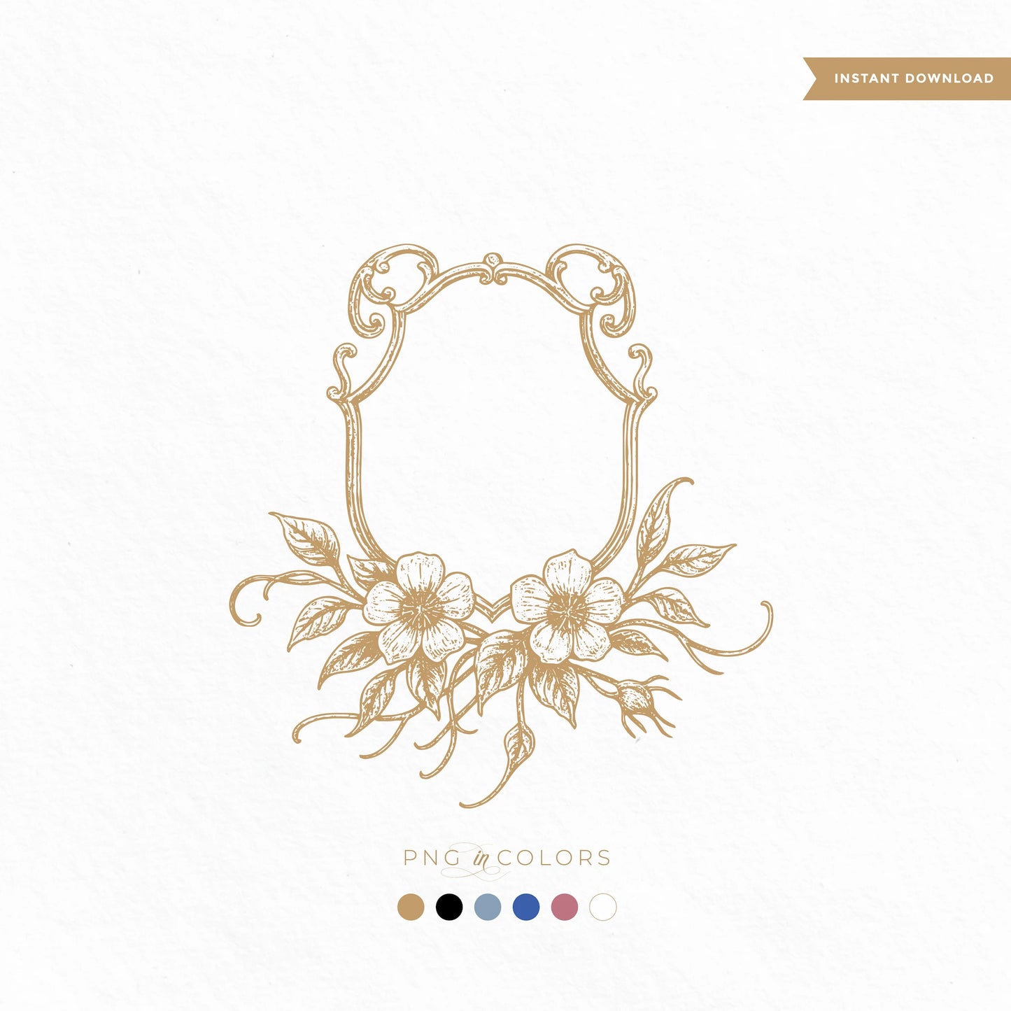 Modern asymmetrical floral wedding crest SVG with delicate hand-drawn bouquet and vintage frame — perfect for invitations and fine stationery


