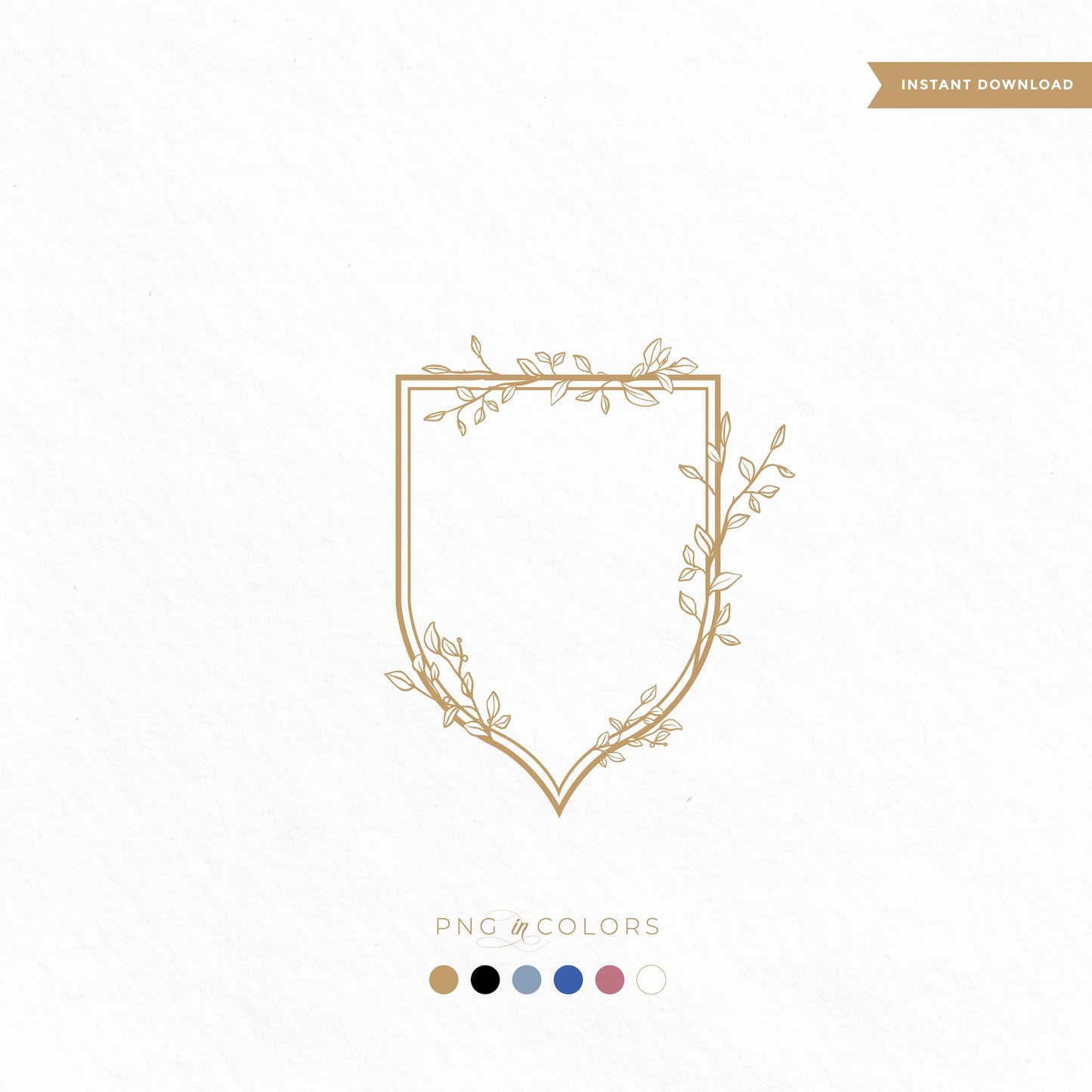 Flat lay of the botanical line art wedding crest on a white background. Features a shield shape delicately wrapped with asymmetrical leaves. Available in six colors for versatile use.