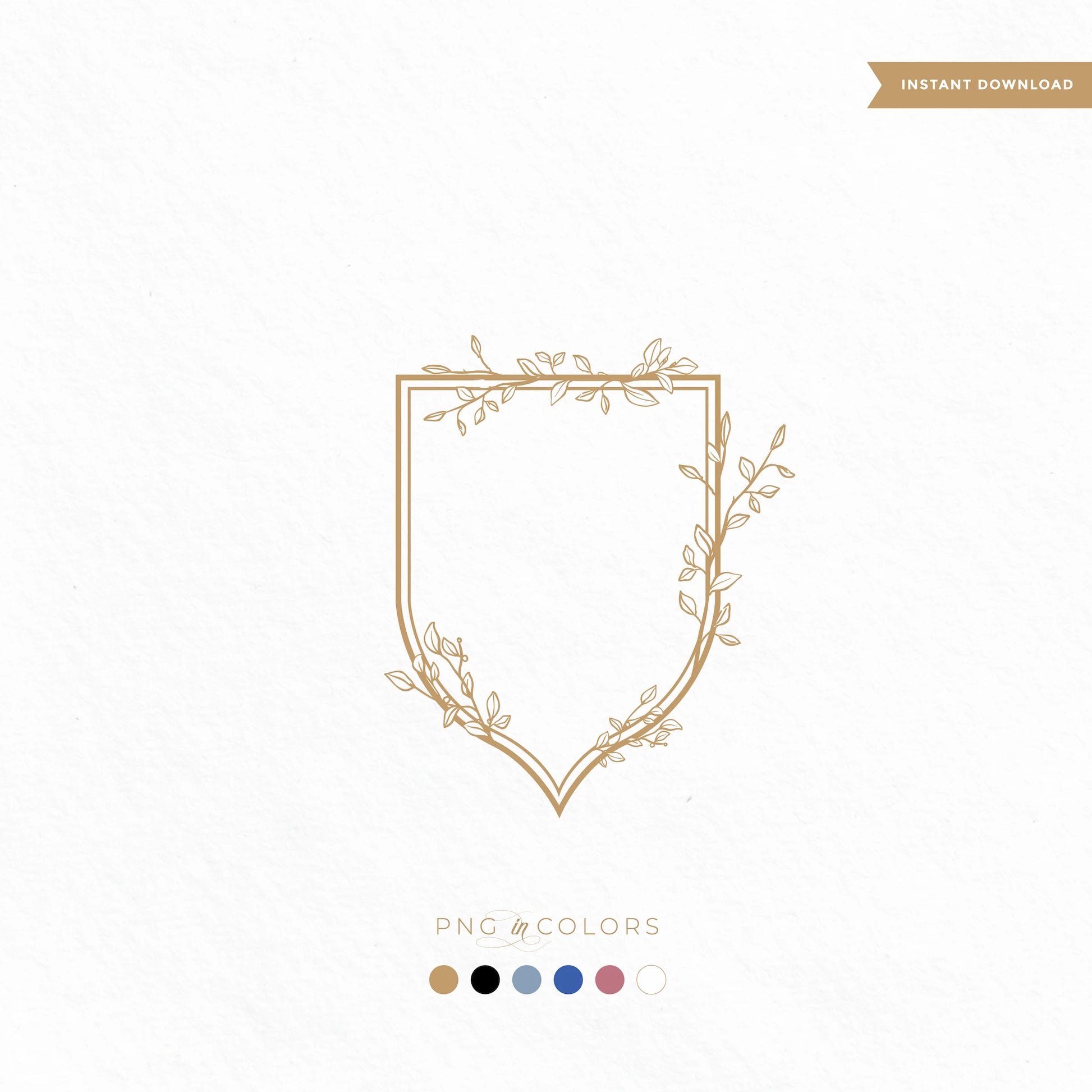 Flat lay of the botanical line art wedding crest on a white background. Features a shield shape delicately wrapped with asymmetrical leaves. Available in six colors for versatile use.