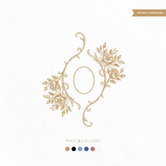 Modern floral wedding crest SVG with botanical scrolls and rose florals – customizable digital monogram in six PNG colors, instant download.