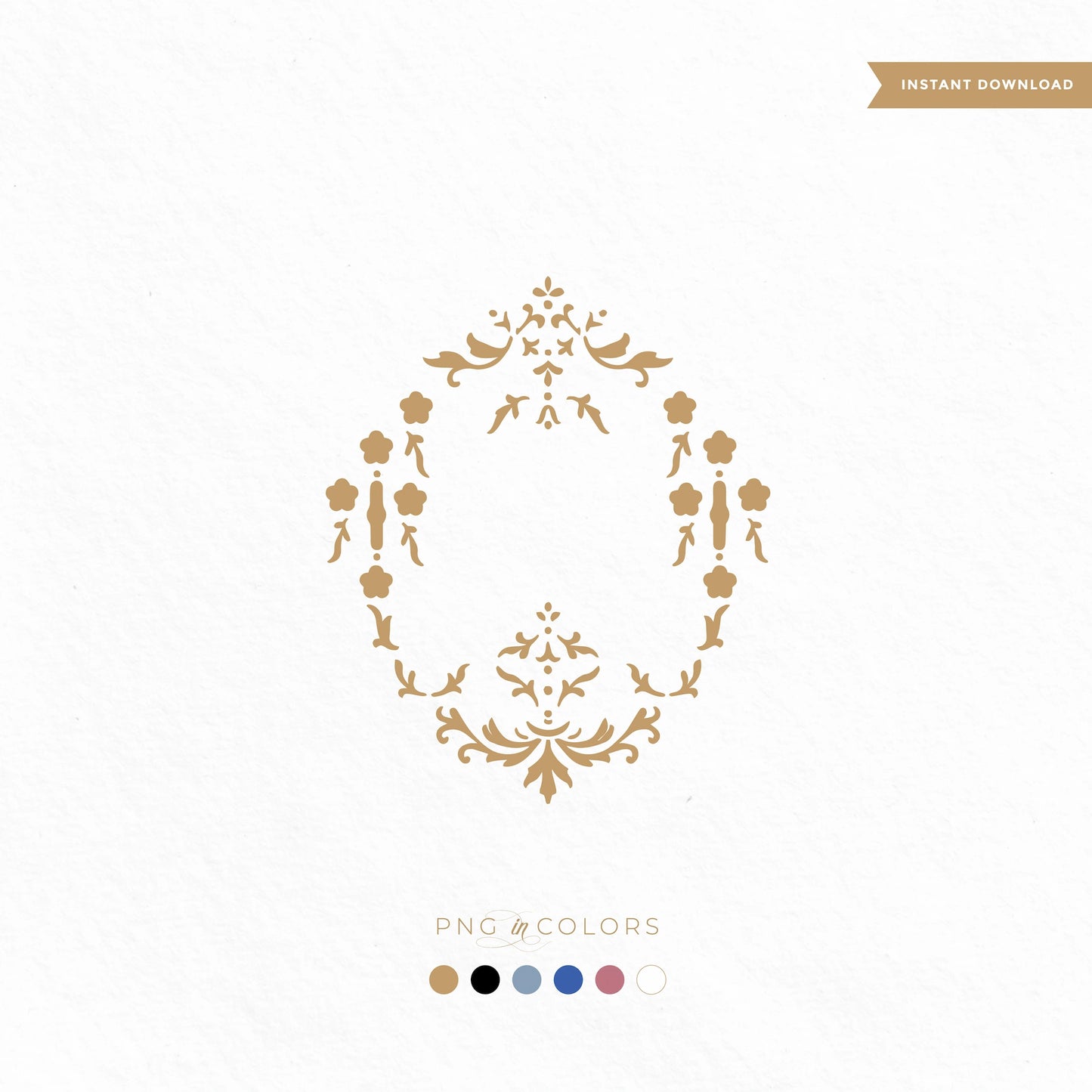 Decorative gold wedding monogram on a white background with color swatches for instant download.
