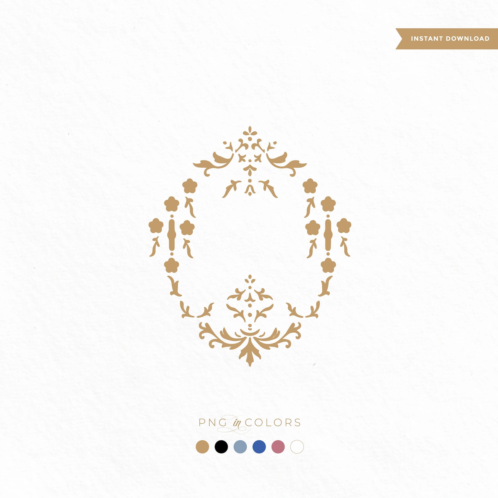 Decorative gold wedding monogram on a white background with color swatches for instant download.