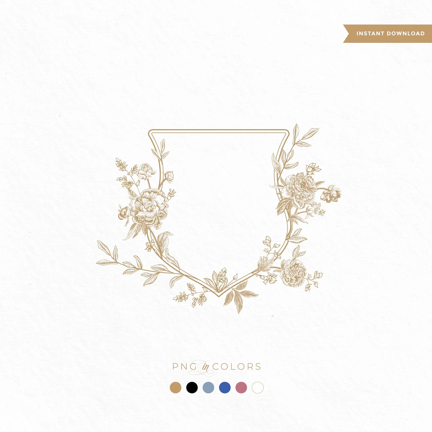 Modern peony wedding crest logo in gold line art, floral wedding monogram for luxury invitations, elegant fine art stationery design for spring and summer weddings, editable vector SVG and PNG by Linvitinstant