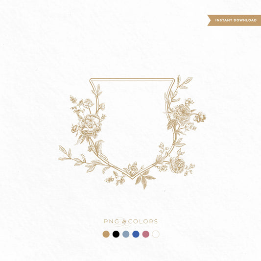 Modern peony wedding crest logo in gold line art, floral wedding monogram for luxury invitations, elegant fine art stationery design for spring and summer weddings, editable vector SVG and PNG by Linvitinstant