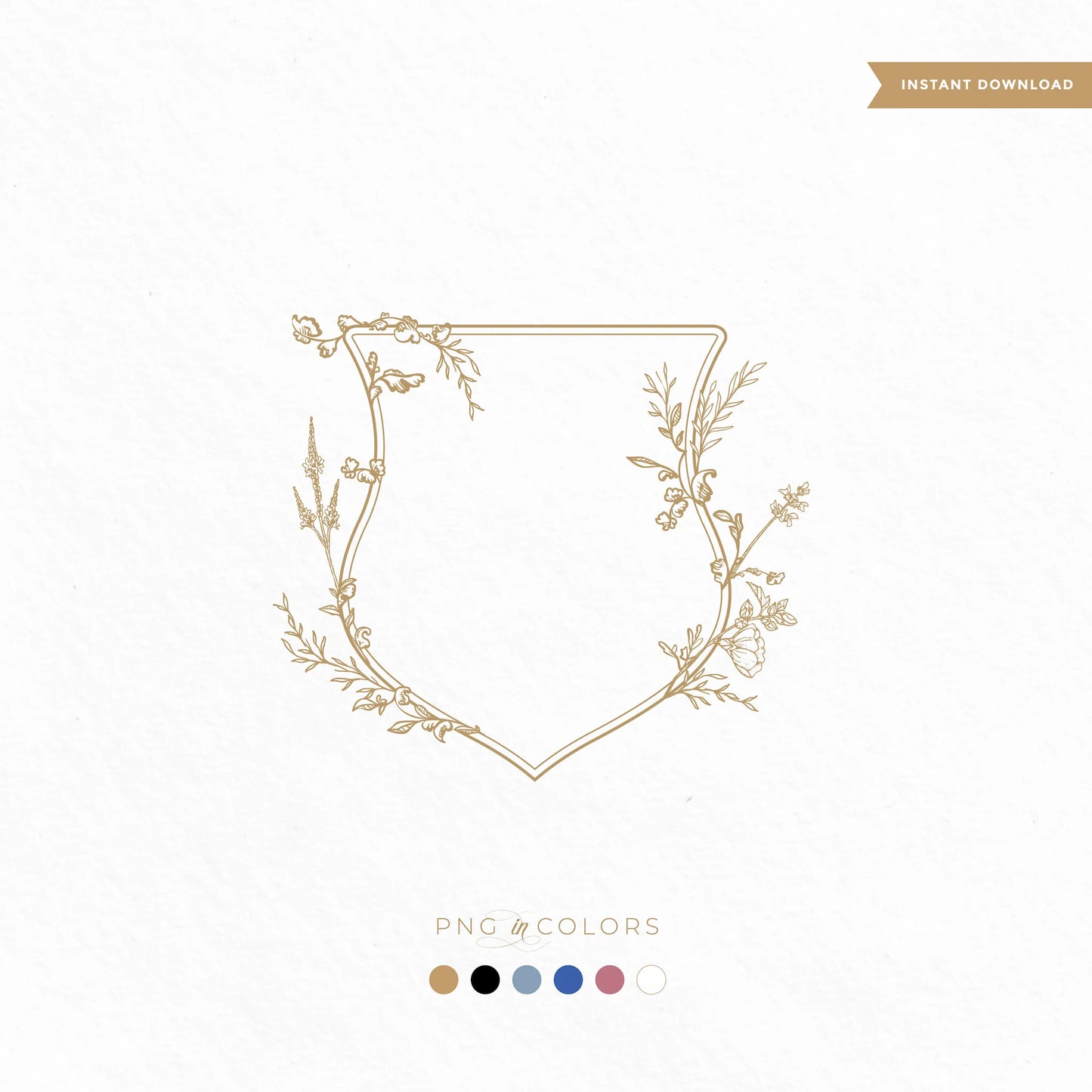 Minimalist floral wedding crest SVG in elegant shield shape with gold botanical accents — includes PNGs in 6 colors for digital use, foil printing, and invitations