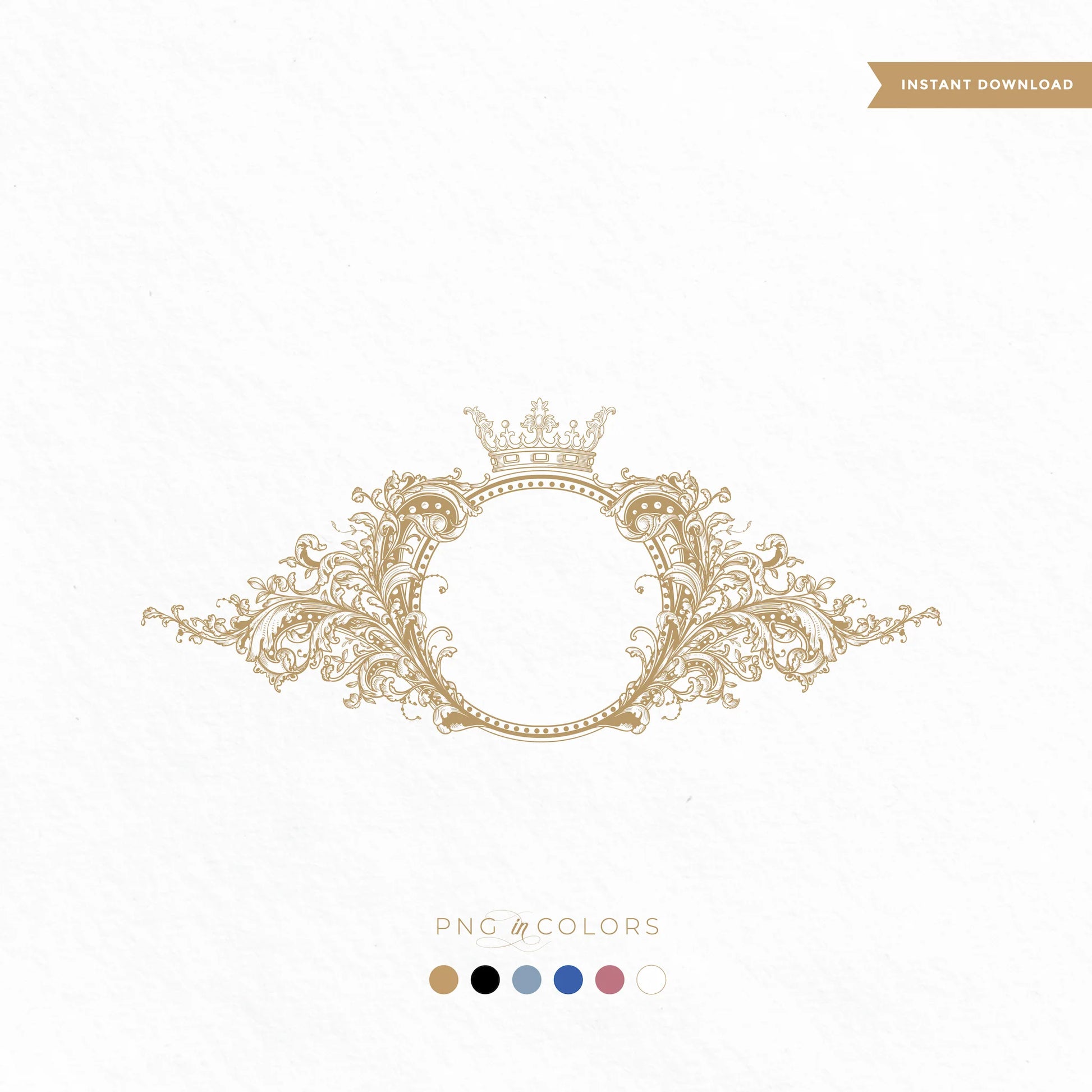 Ornate regal monogram crest design with crown, scroll embellishments, and round emblem – fine art luxury wedding logo template in gold by LinvitInstant