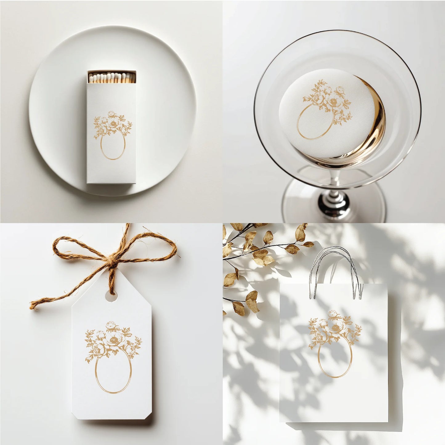 Peony floral wedding monogram on matchboxes, cocktail coasters, hang tags, and favor bags — elegant crest SVG for Cricut, Canva, fine art weddings, and romantic branding
