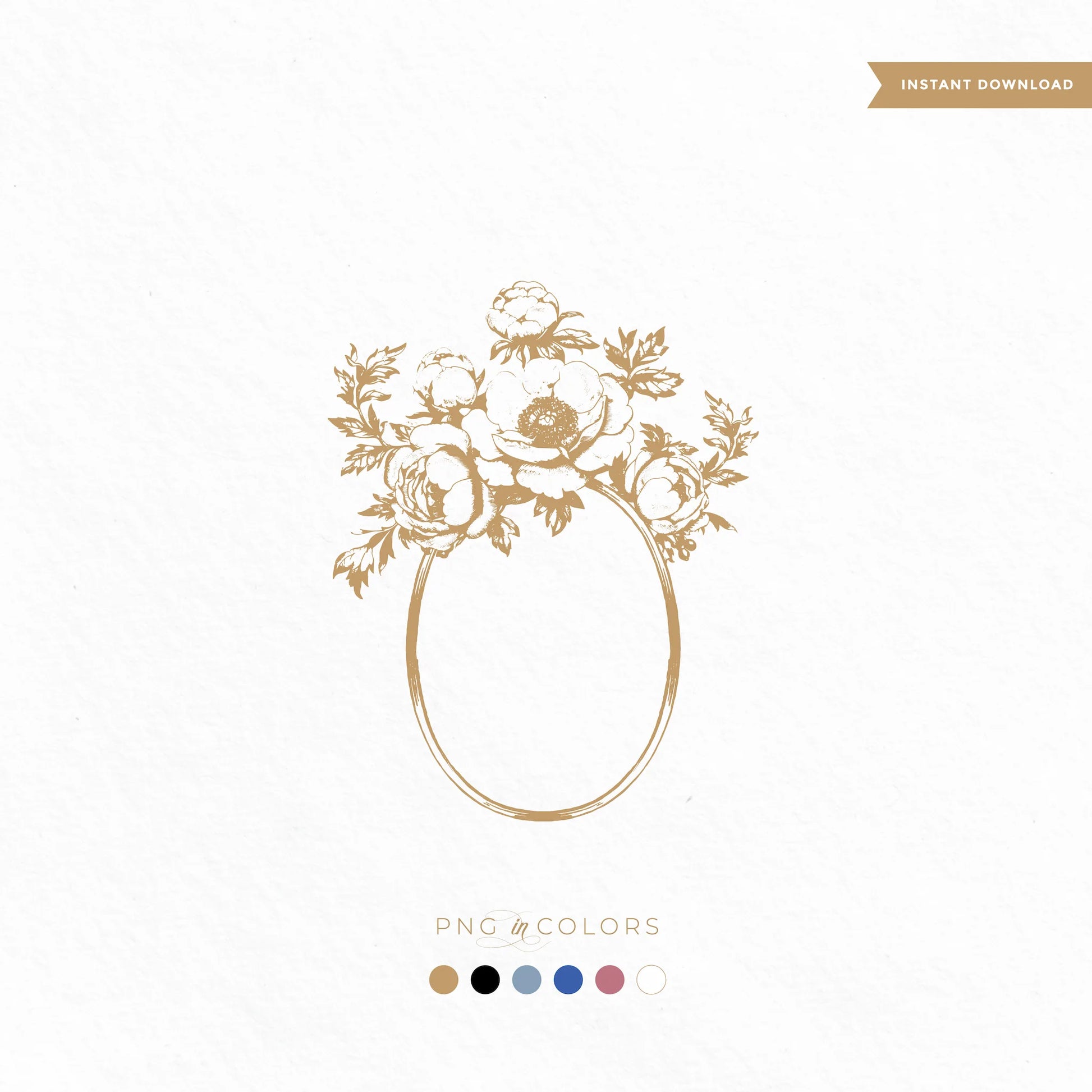 Vintage floral wedding crest SVG with peonies — editable monogram logo design in gold, black, and pastel PNG colors, ideal for handmade invitations and luxury wedding decor

