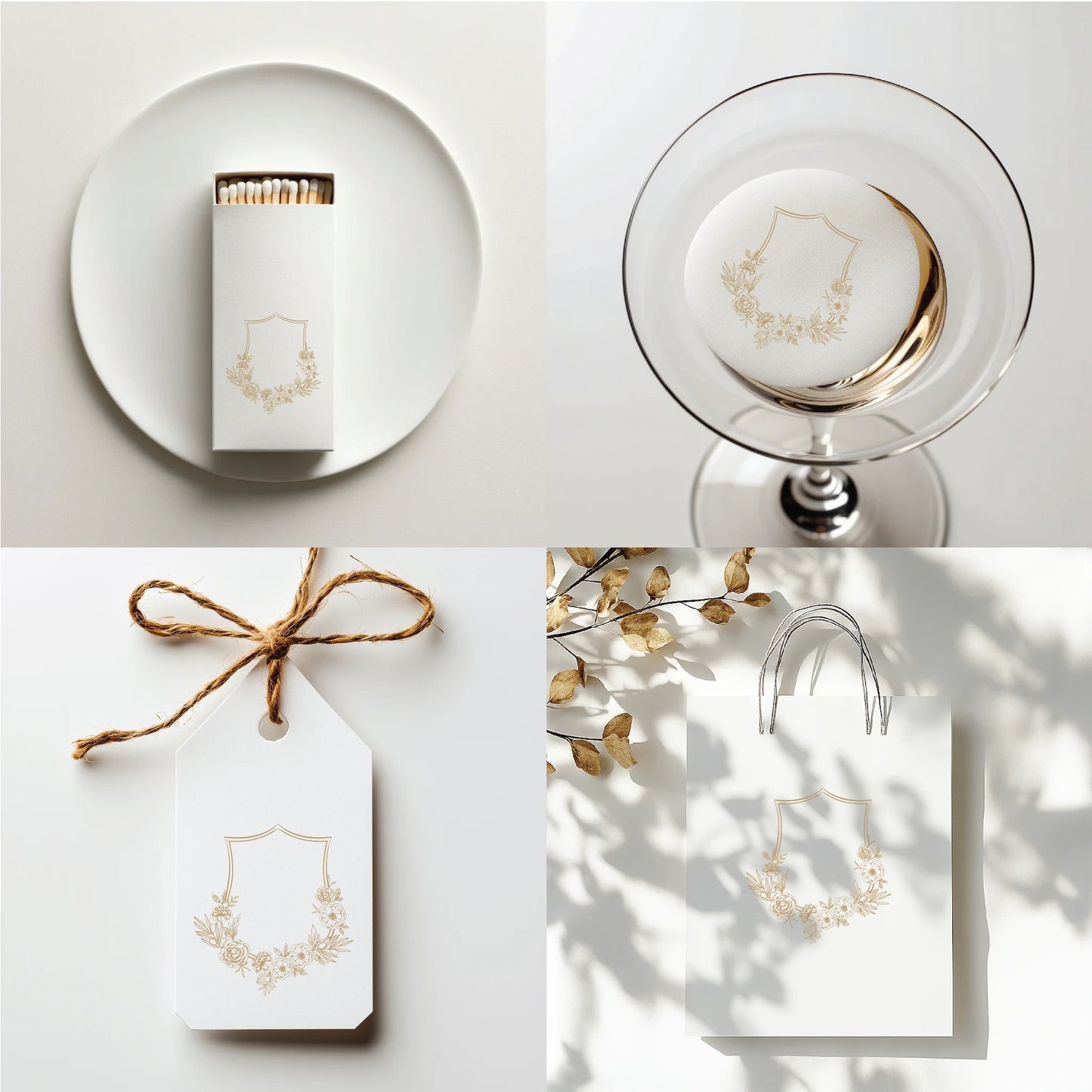 Elegant peony wedding monogram crest printed on matchbox, cocktail coaster, gift tag, and white shopping bag — perfect for luxury wedding favors and packaging by LinvitInstant.