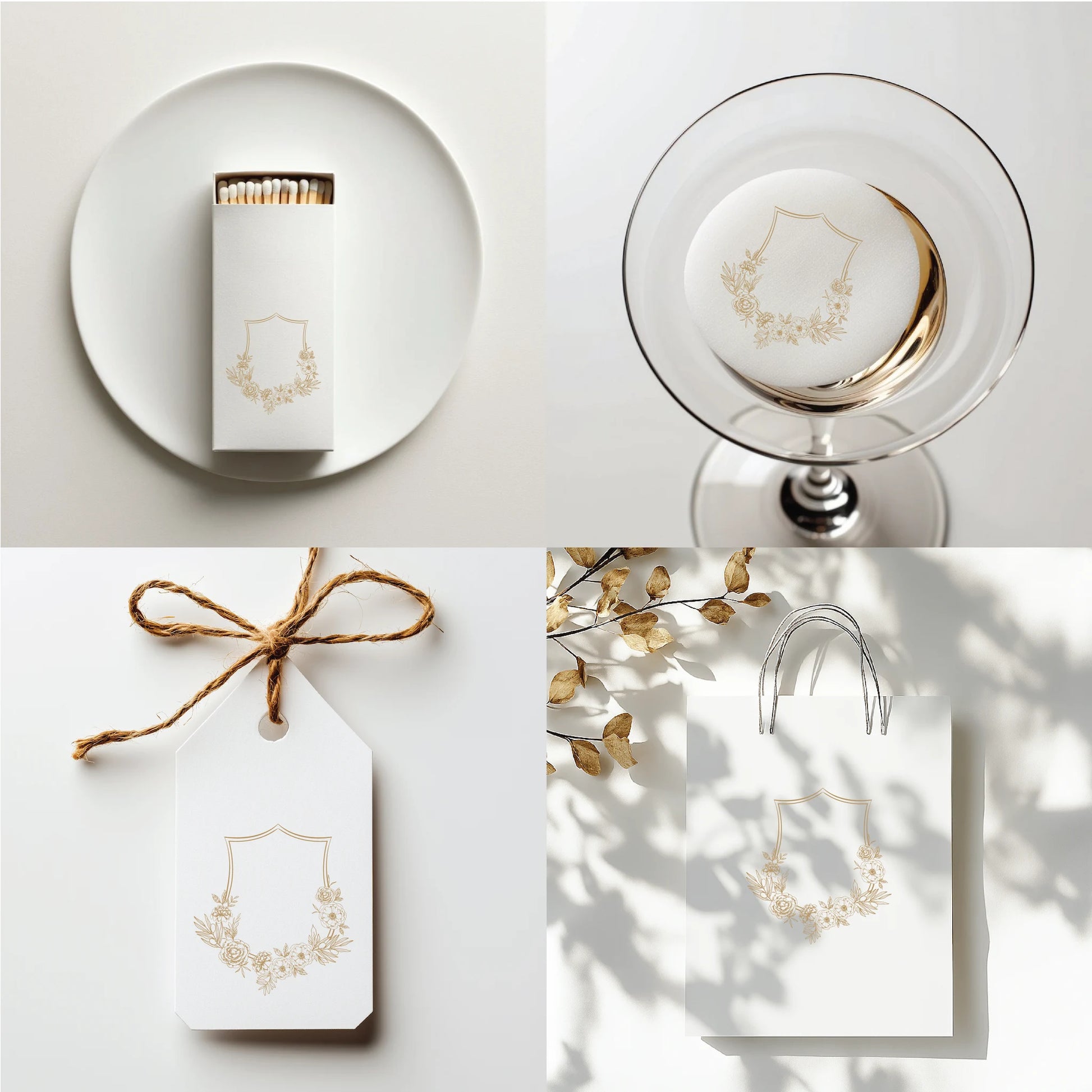 Elegant peony wedding monogram crest printed on matchbox, cocktail coaster, gift tag, and white shopping bag — perfect for luxury wedding favors and packaging by LinvitInstant.