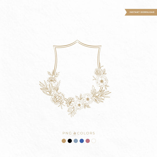 Delicate floral shield crest with hand-drawn peonies and greenery — includes gold, rose gold, chinoiserie blue, black and white SVG & PNG wedding logo files by LinvitInstant.