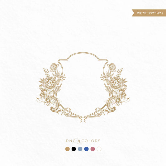 Hand-drawn floral wedding crest with peonies and ornate scrollwork — editable monogram logo in gold, rose, blue, black, ivory PNG and SVG by linvitinstant